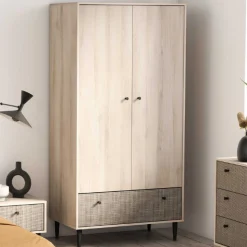 Kleiderschrank Sayuri 2 Flügeltüren, 1 Kleiderstange und 1 Schublade-Kronberger Eiche/Wickler