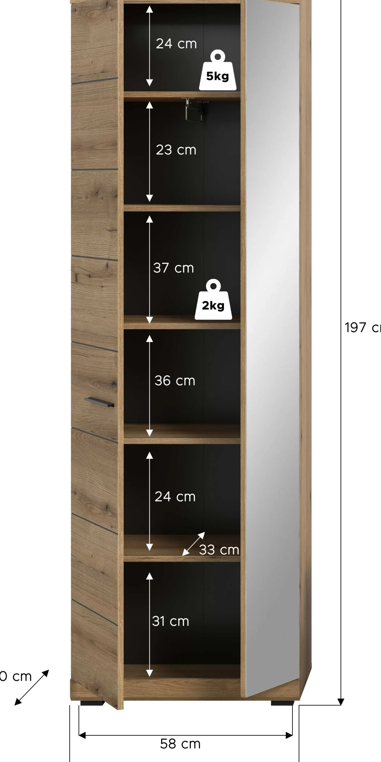 Kleiderschrank Scout Xonox - Evoke Oak, 62x197x37 cm, mit Spiegel