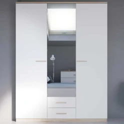 Kleiderschrank Seliena 3 Drehtüren, 1 Kleiderstange, 4 Einlegeböden und 2 Schubladen Eiche gebürstet/Mattweiß
