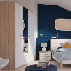 Kleiderschrank Seliena 3 Drehtüren, 1 Kleiderstange, 4 Einlegeböden und 2 Schubladen Eiche gebürstet/Mattweiß