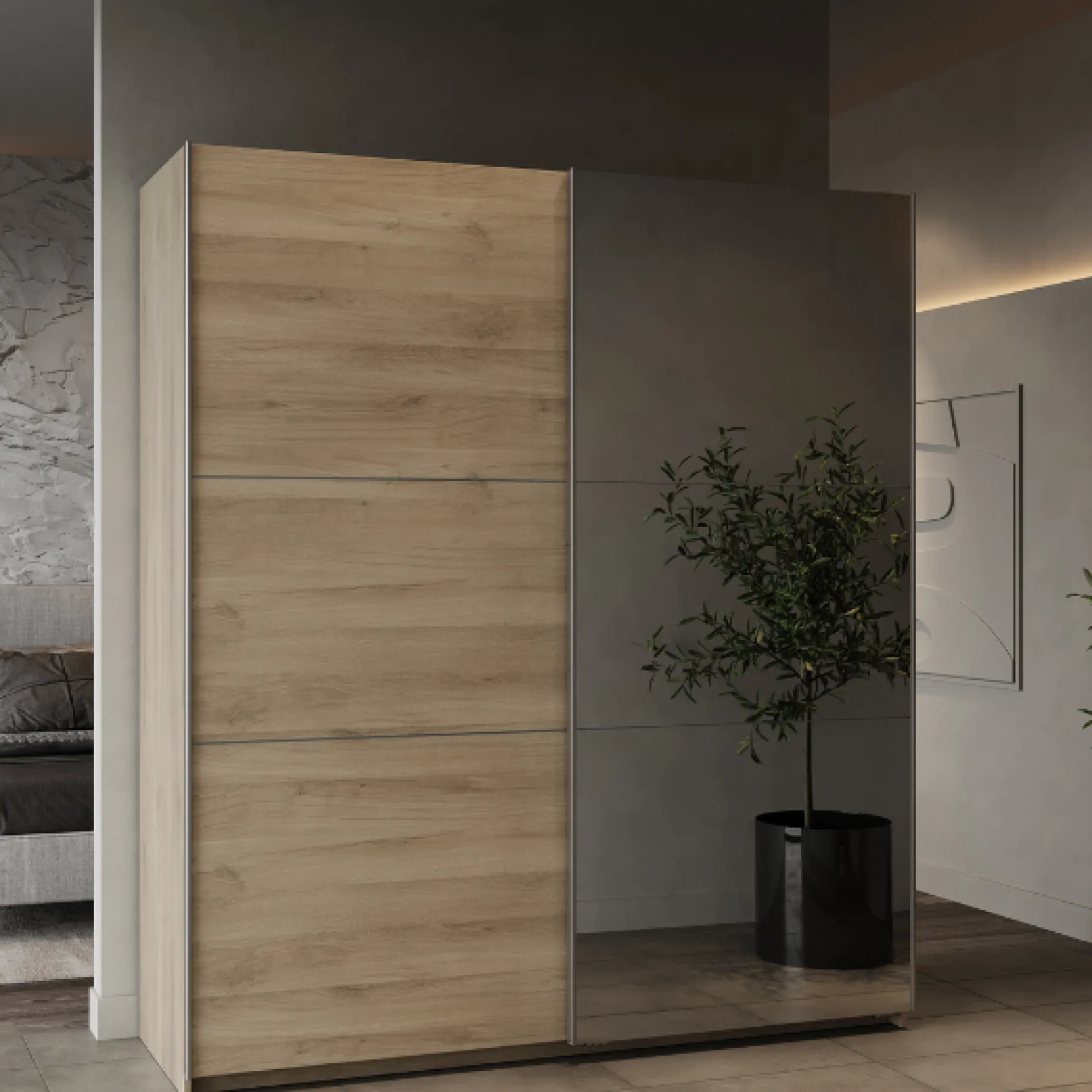 Kleiderschrank Spectre 178cm mit Schiebetüren und Spiegel - Eiche Dekor