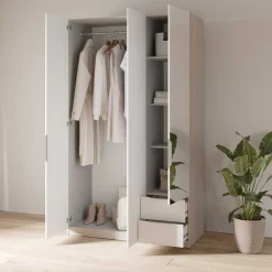 Kleiderschrank Spectre 120cm mit Spiegel - matt weiß/Eiche