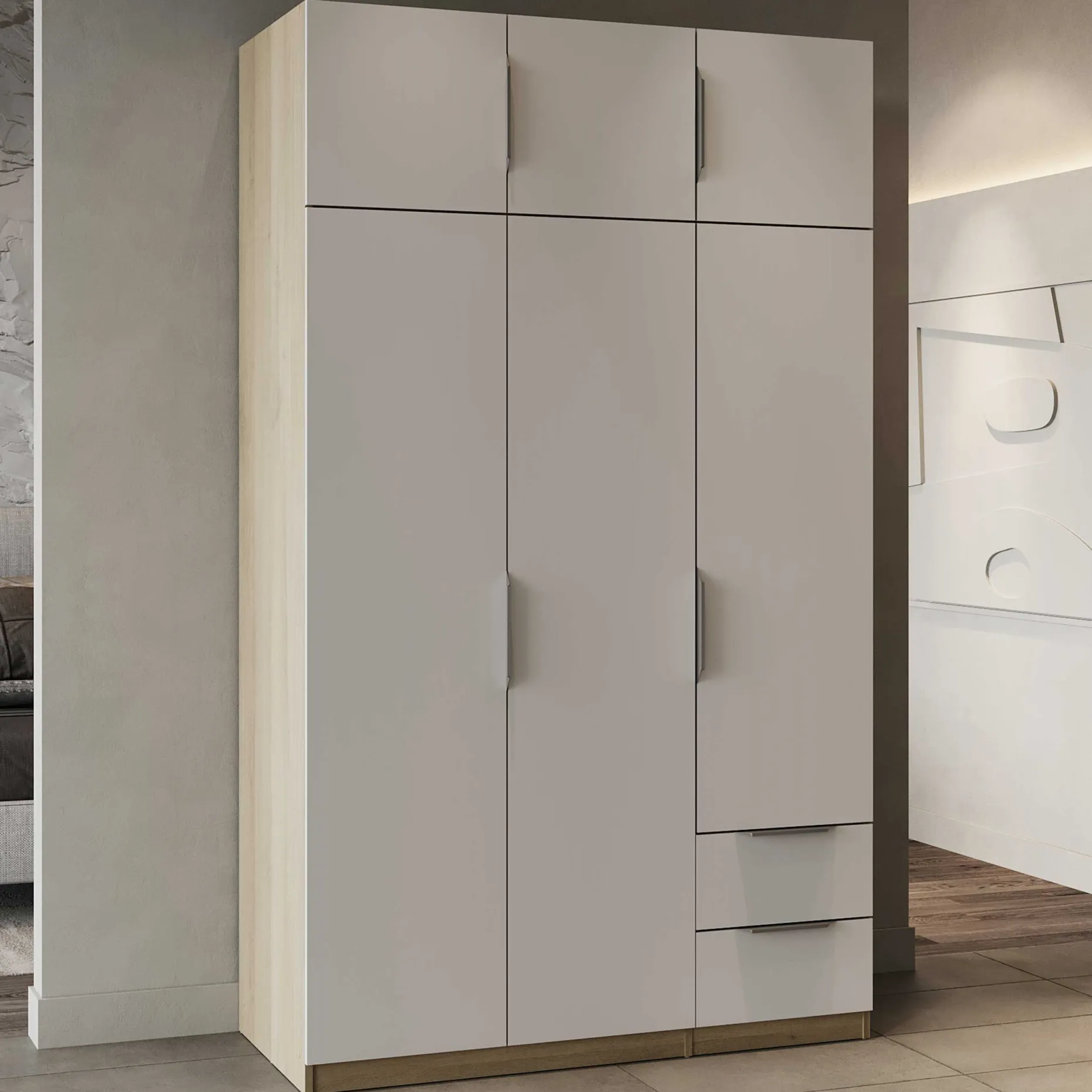 Kleiderschrank Spectre 120cm 6 Türen und 2 Schubladen - matt weiß/Eiche