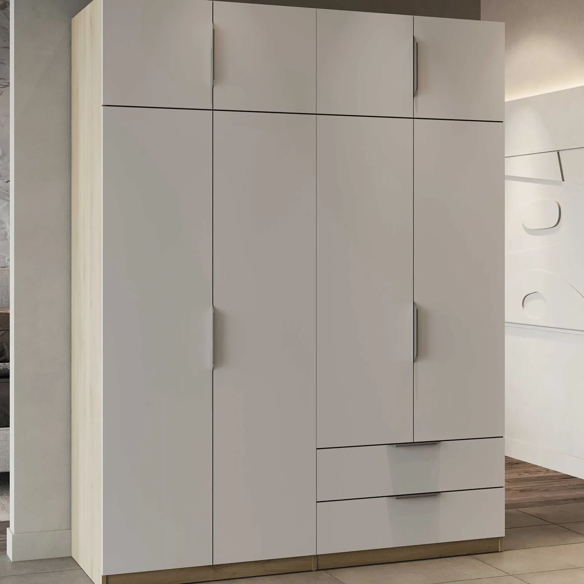 Kleiderschrank Spectre 157cm 8 Türen und 2 Schubladen - matt weiß/Eiche Dekor