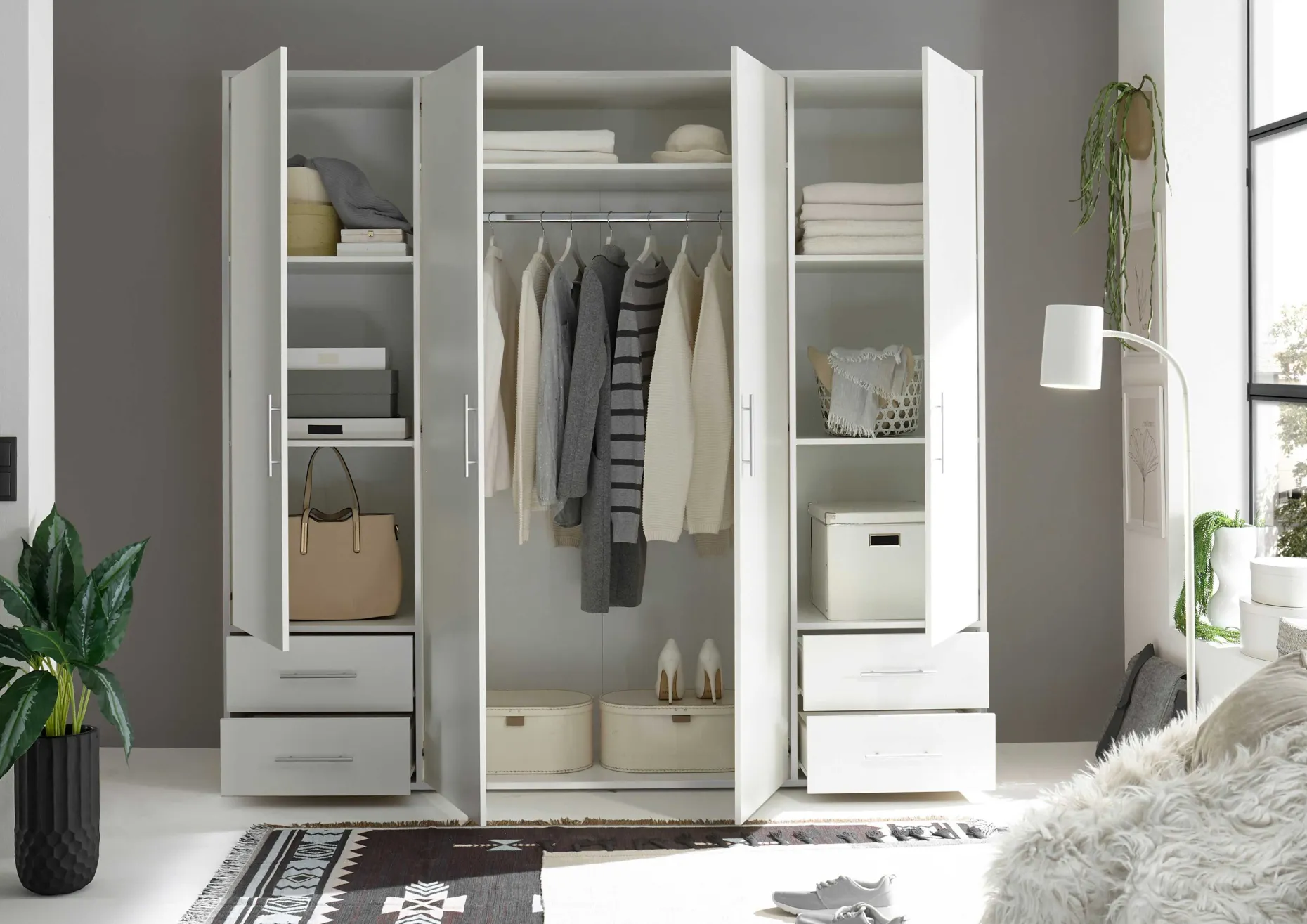 Kleiderschrank Valencia - 206x60x195cm - 4 Türen und 4 Schubladen - weiß
