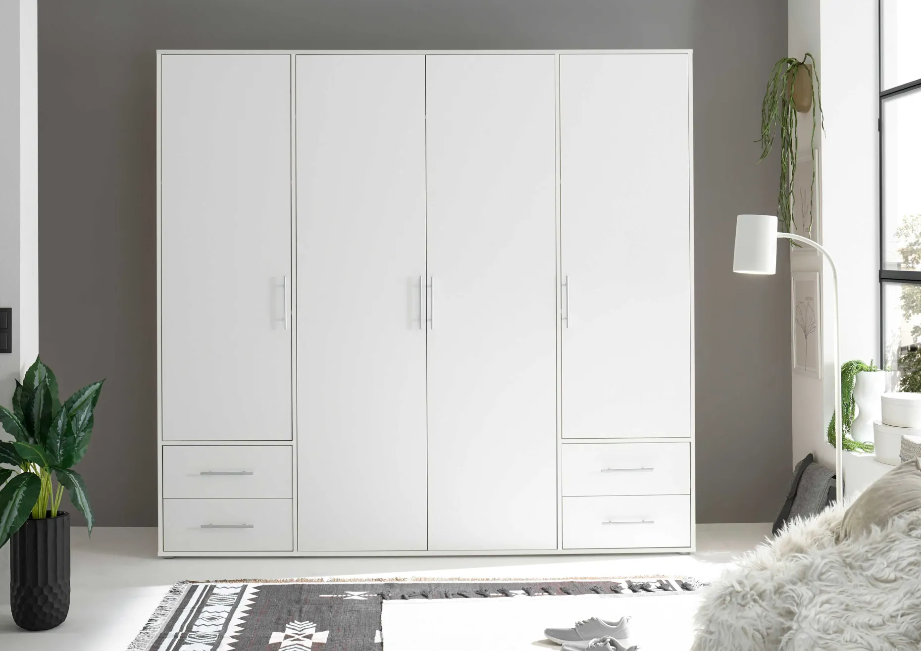 Kleiderschrank Valencia - 206x60x195cm - 4 Türen und 4 Schubladen - weiß