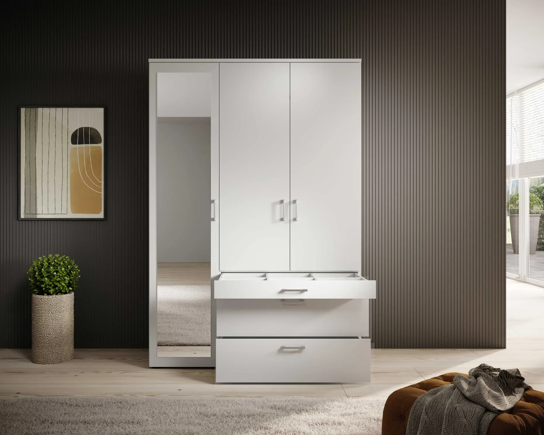 Kleiderschrank Vasili - 135x56x195cm - 3 Türen und 3 Schubladen - weiß
