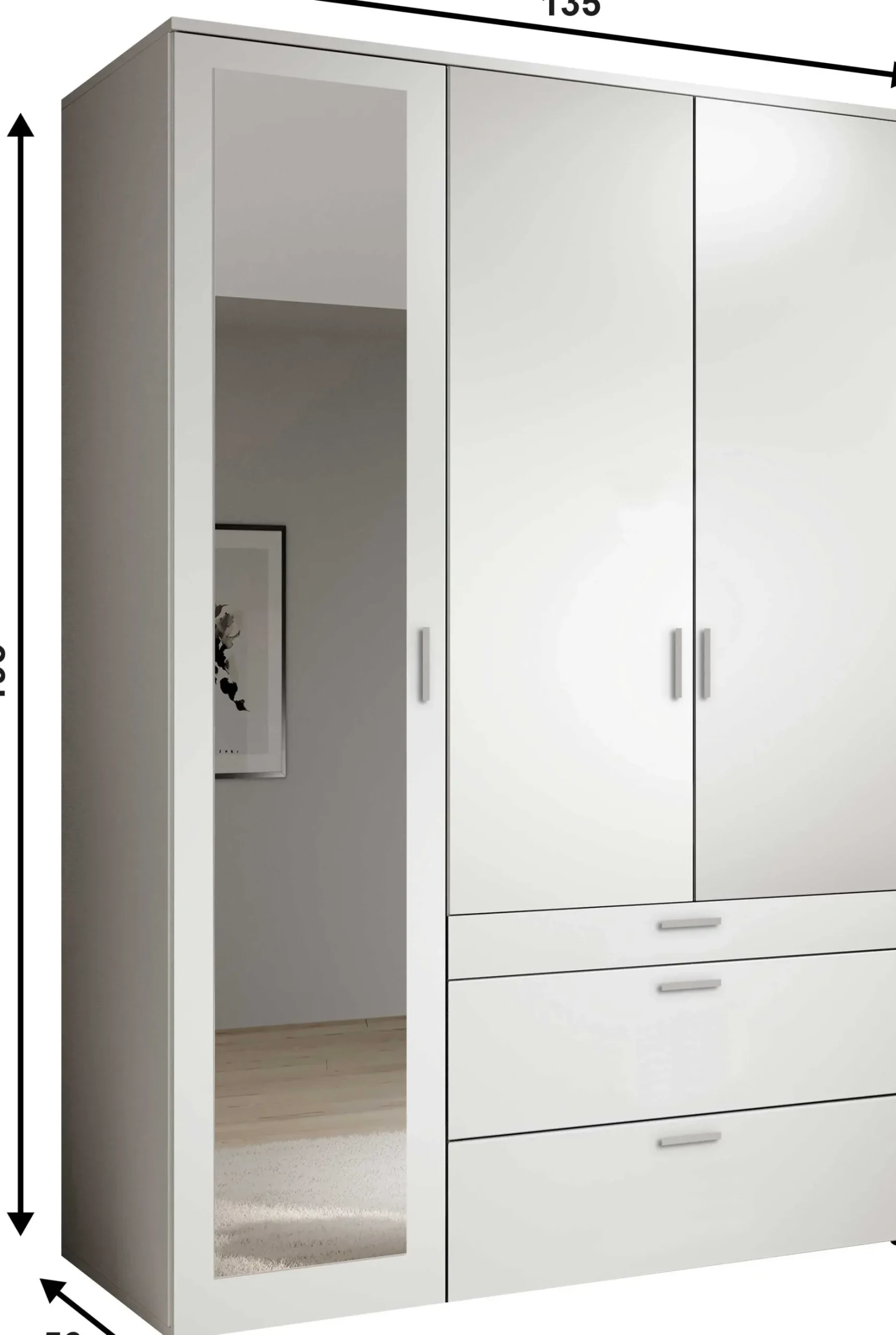Kleiderschrank Vasili - 135x56x195cm - 3 Türen und 3 Schubladen - weiß