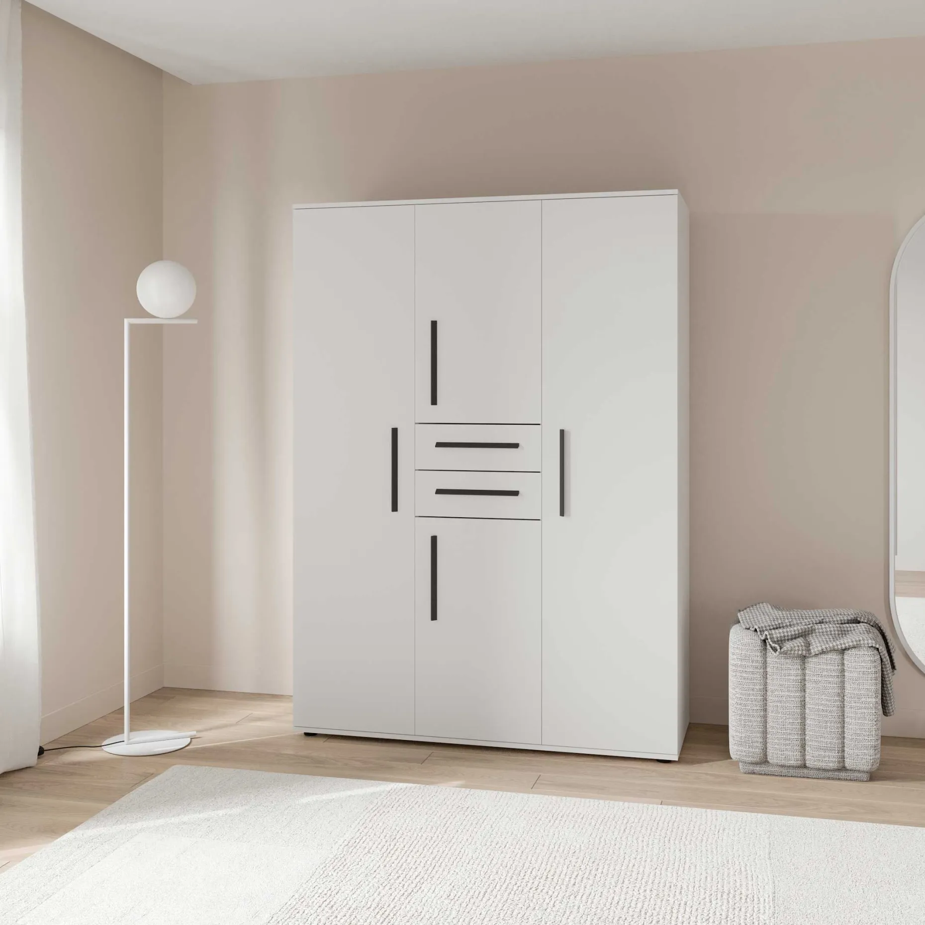 Kleiderschrank Versatil - 135x50x188cm - 4 Türen und 2 Schubladen - weiß
