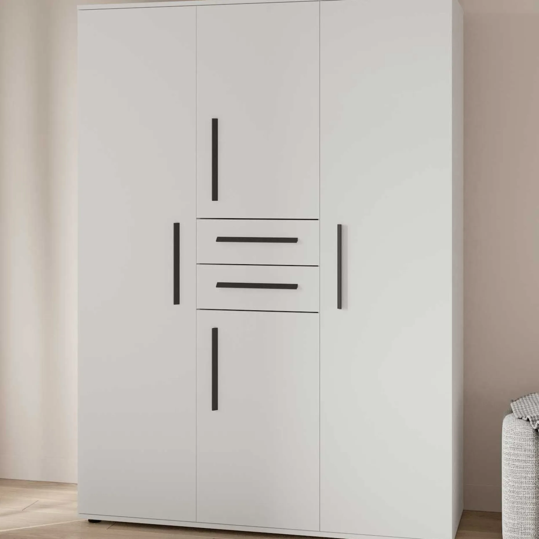 Kleiderschrank Versatil - 135x50x188cm - 4 Türen und 2 Schubladen - weiß