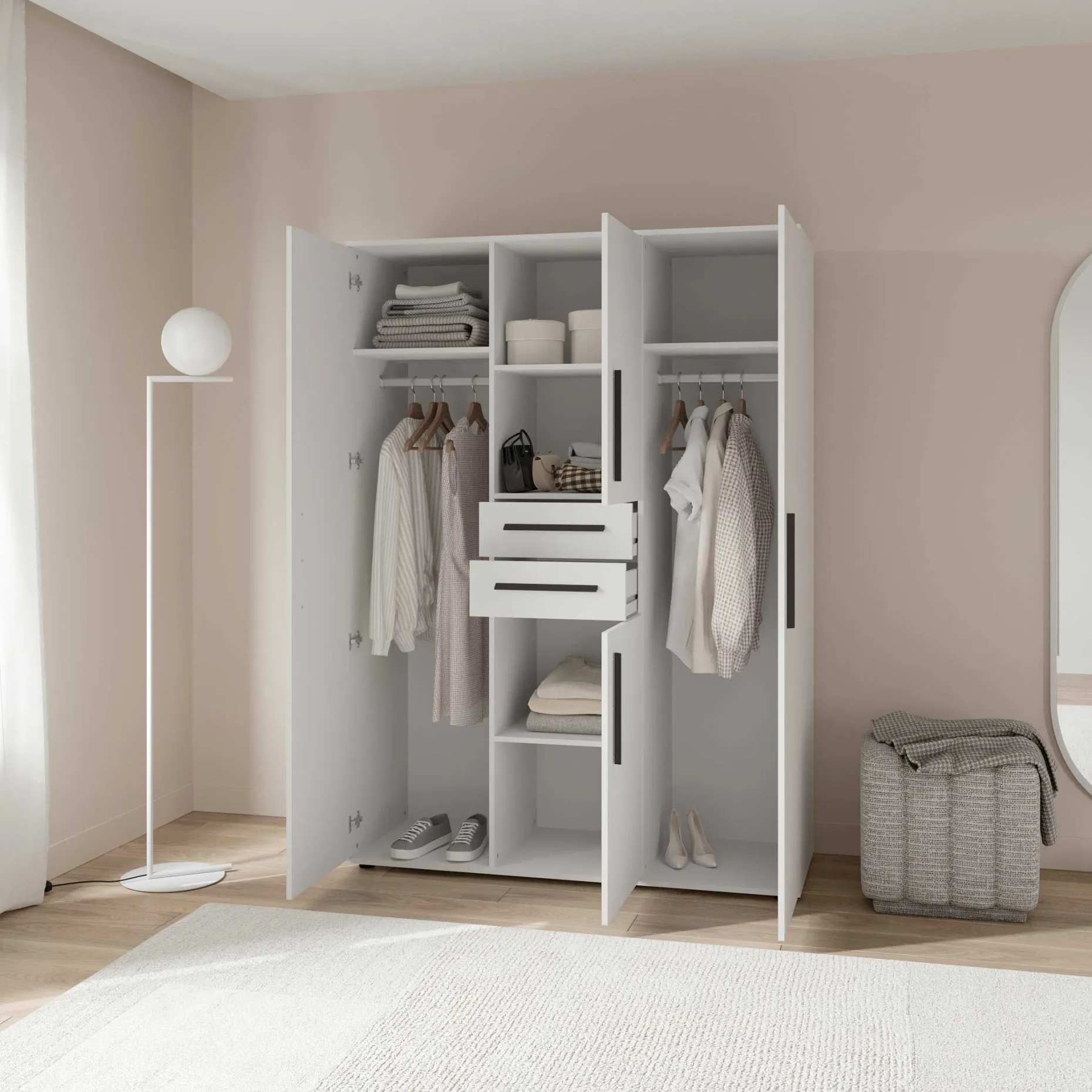 Kleiderschrank Versatil - 135x50x188cm - 4 Türen und 2 Schubladen - weiß