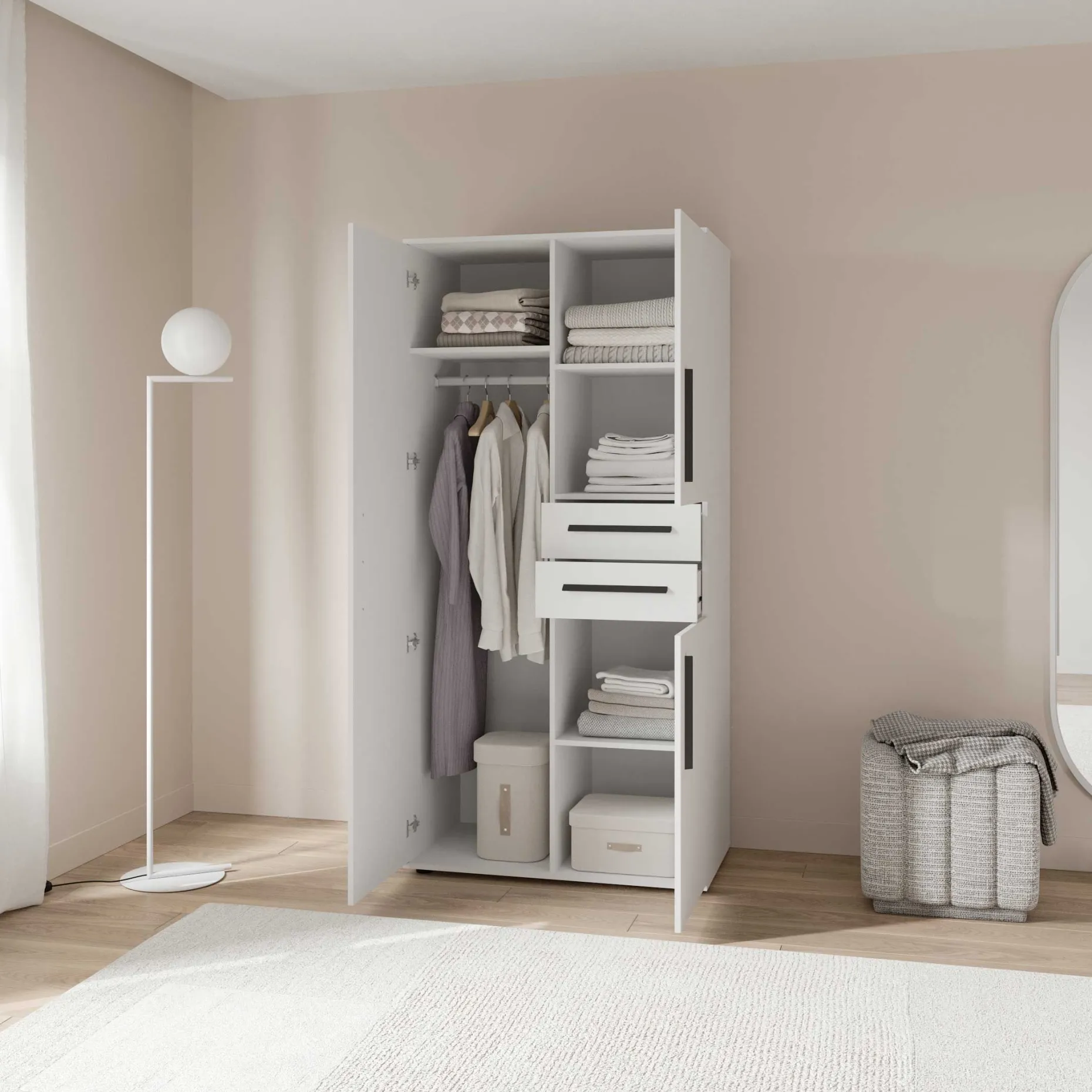 Kleiderschrank Versatil - 90x50x188cm - 3 Türen und 2 Schubladen - weiß