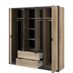 Kleiderschrank Yuri 188cm, 4 Türen und 2 Schubladen - Dekor Anthrazit/Eiche