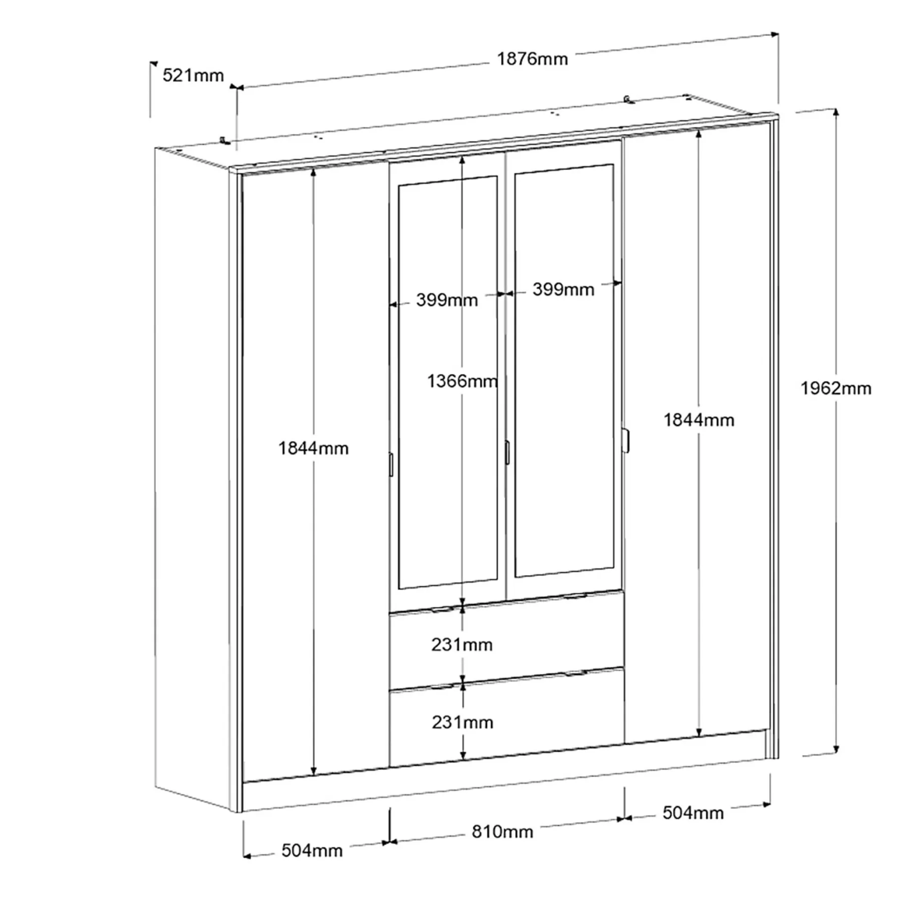 Kleiderschrank Yuri 188cm, 4 Türen und 2 Schubladen - Dekor Anthrazit/Eiche