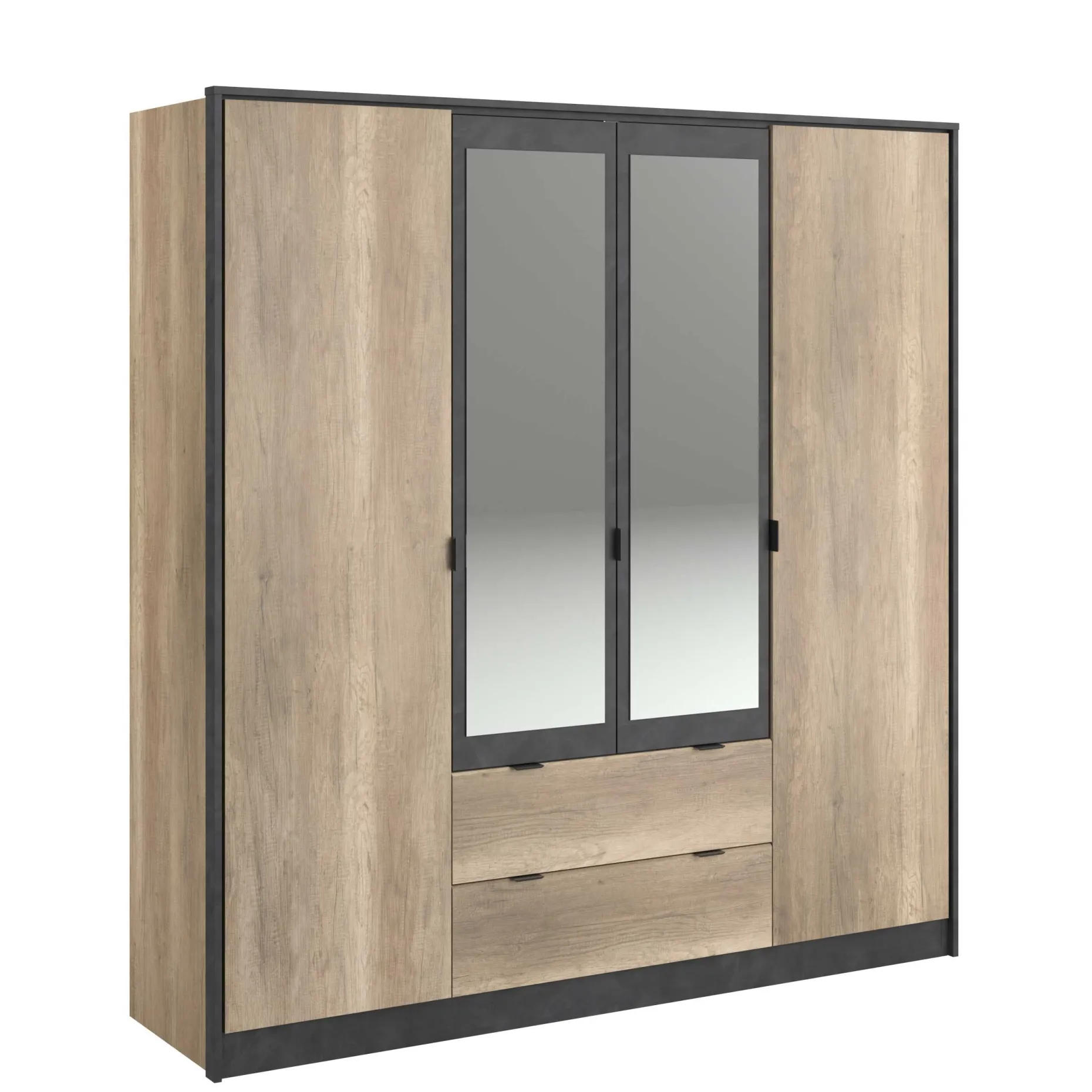Kleiderschrank Yuri 188cm, 4 Türen und 2 Schubladen - Dekor Anthrazit/Eiche