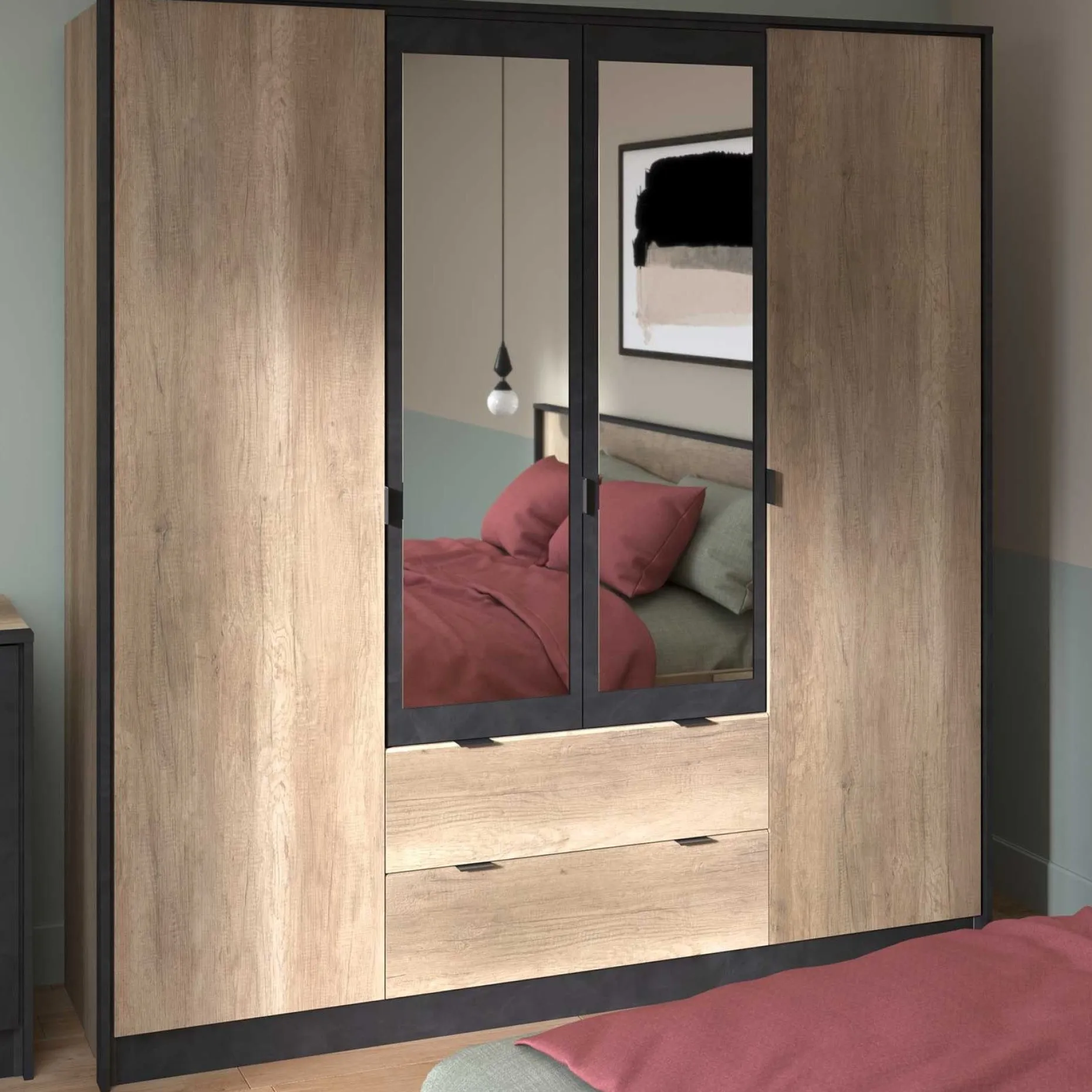 Kleiderschrank Yuri 188cm, 4 Türen und 2 Schubladen - Dekor Anthrazit/Eiche