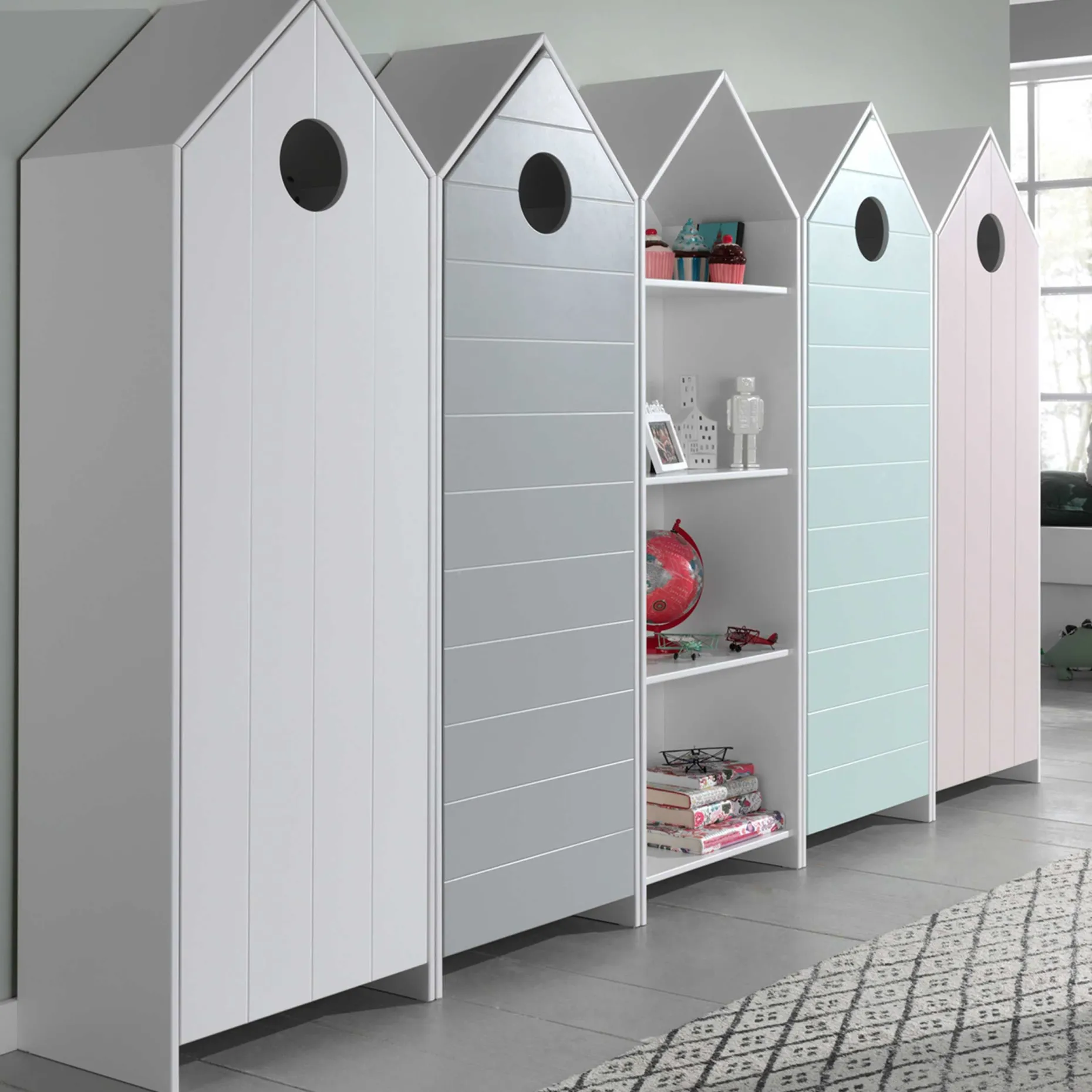 4 Kleiderschränke Bücherregal Casami - rosa/weiß/grau/mintgrün