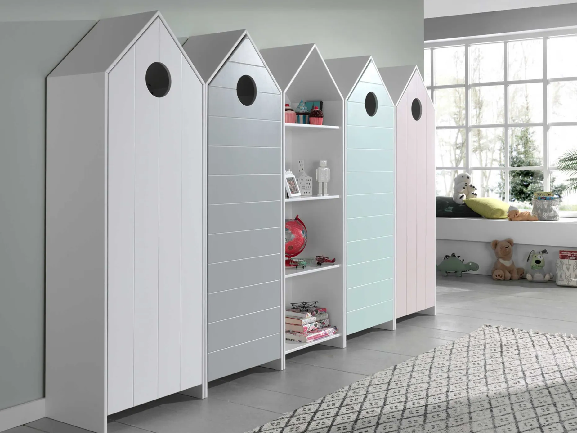 4 Kleiderschränke Bücherregal Casami - rosa/weiß/grau/mintgrün