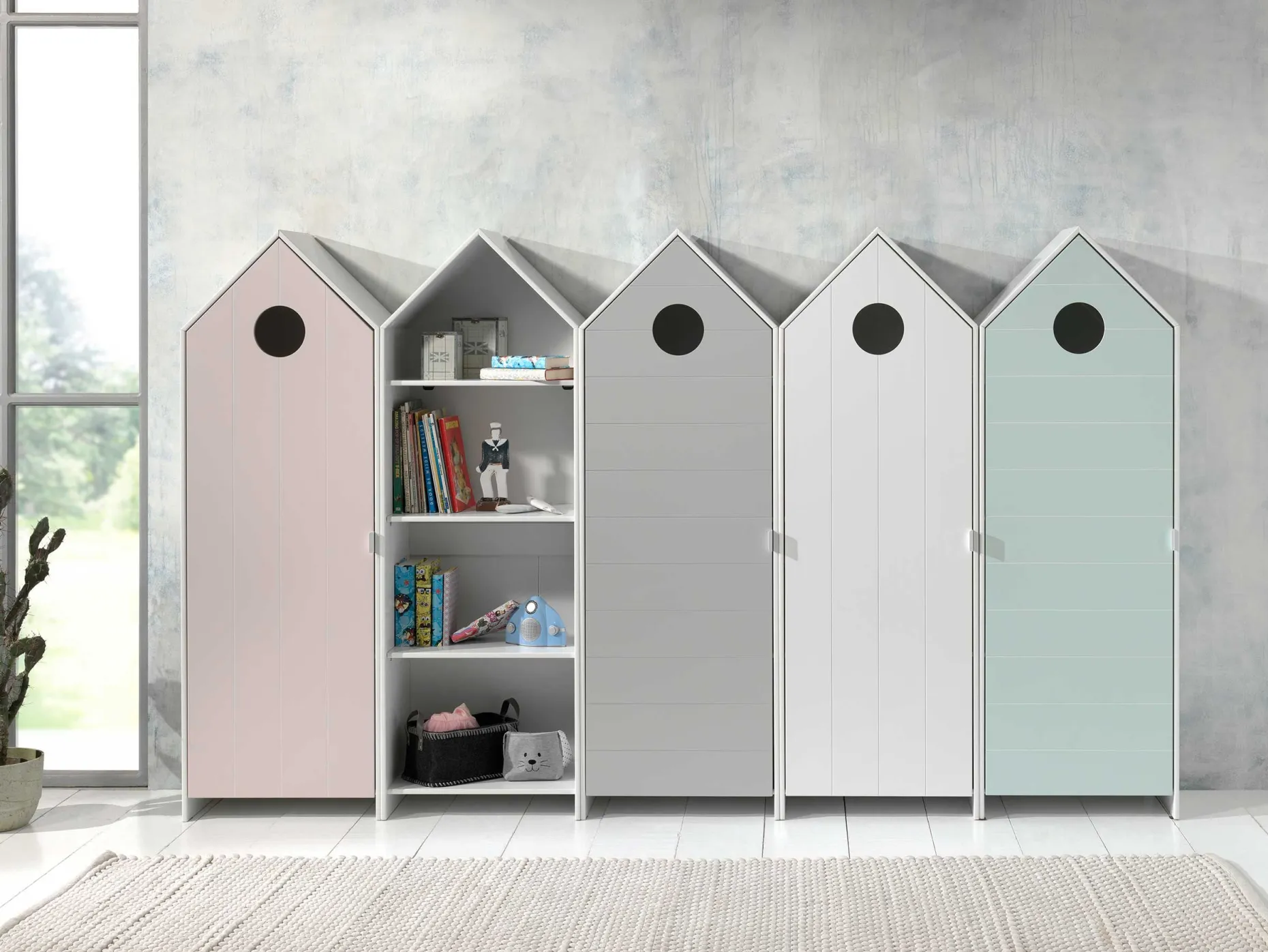 4 Kleiderschränke Bücherregal Casami - rosa/weiß/grau/mintgrün
