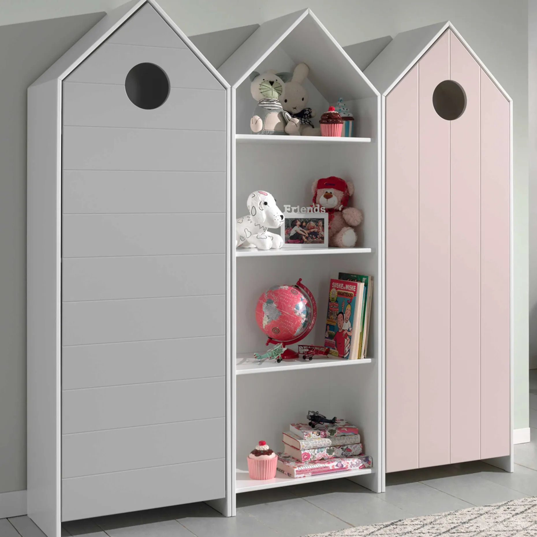 2 Kleiderschränke Bücherregal Casami - rosa/weiß/grau