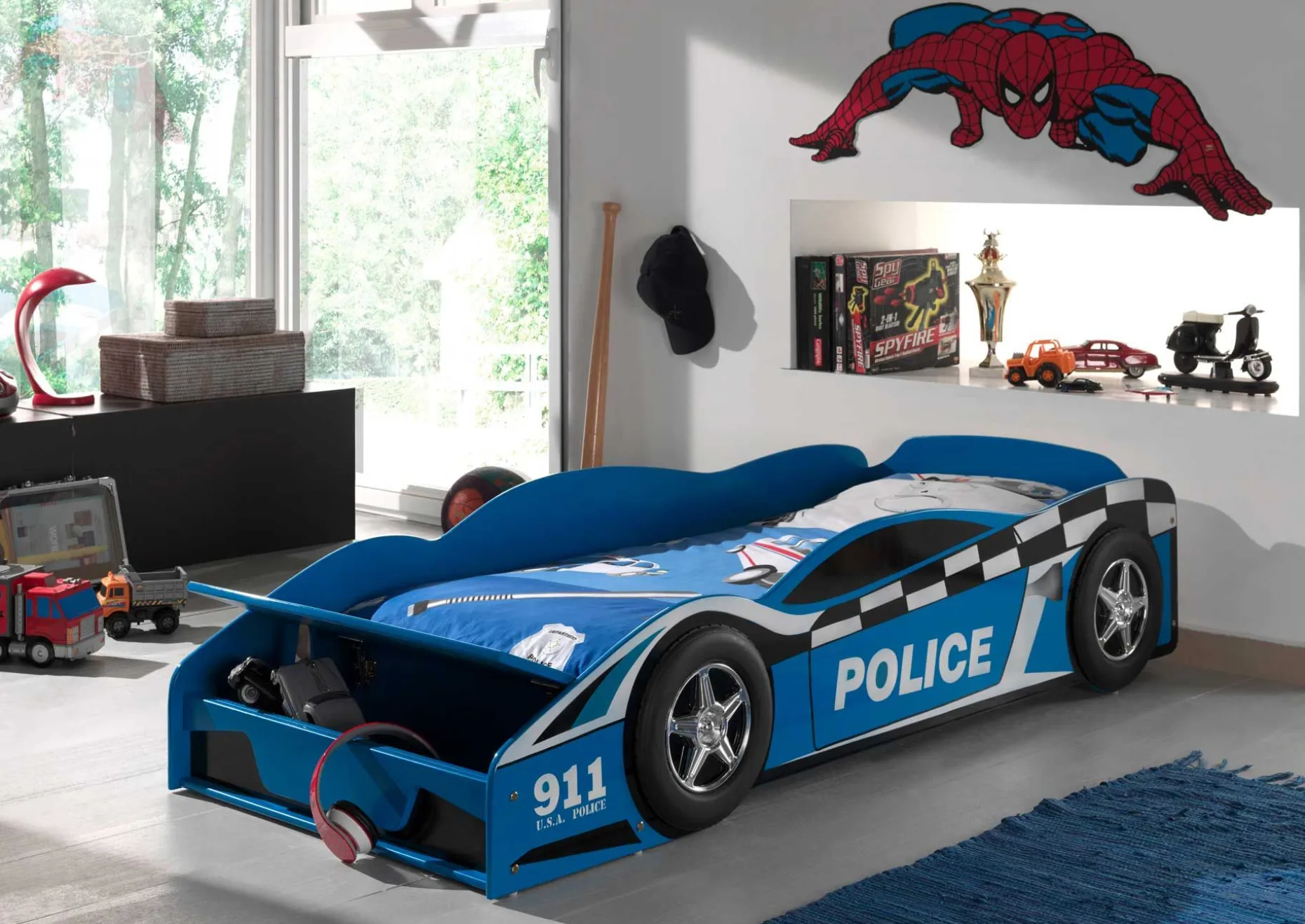 Kleinkindbett Polizeiauto 70x140cm - mit Staufach