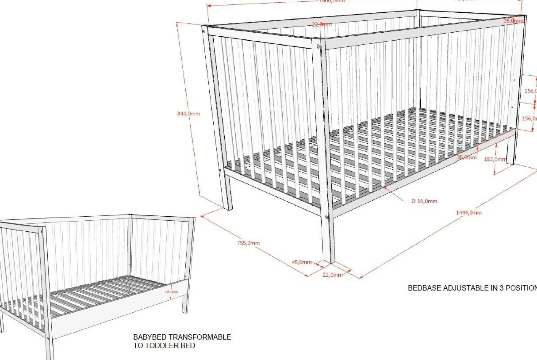 Kleinkinderbett Dino 70x140cm - verstellbar - Buche - Farbe Walnuss