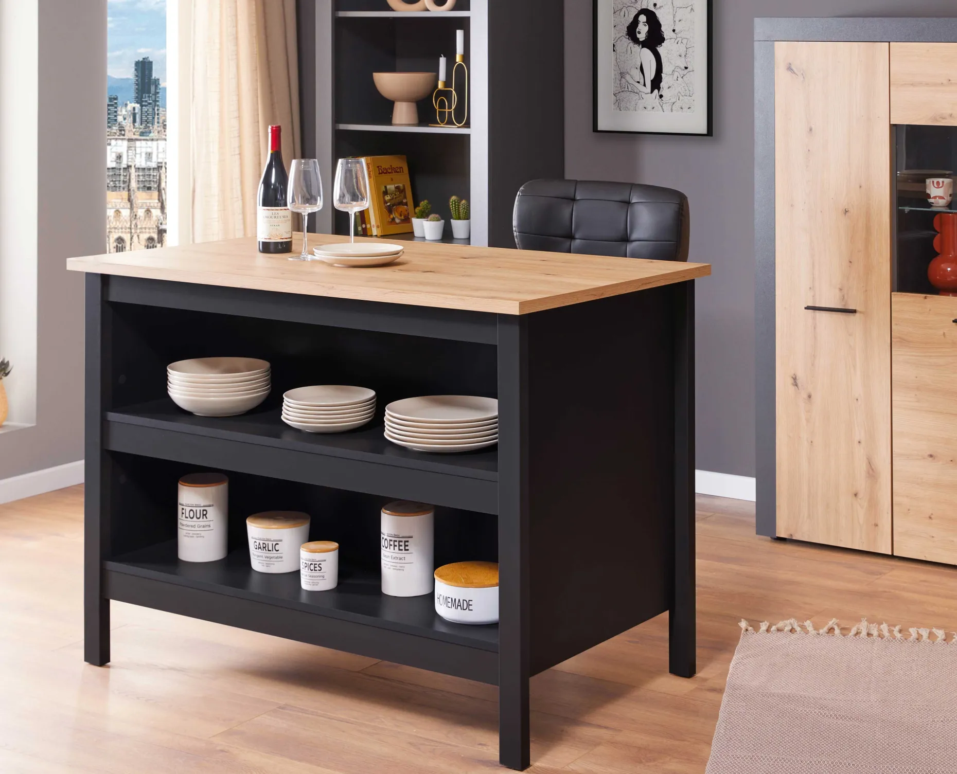 Kochinsel Julina | Platte aus Eichenholz | 124 x 75 x 91,5 cm | Schwarz