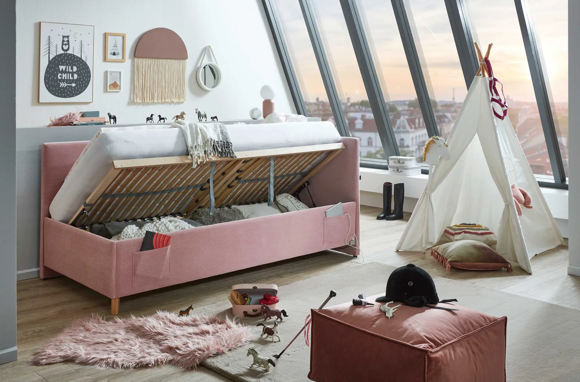 Kofferbett Cool | Mit Rückenlehne | 120 x 200 cm | Rosa Design