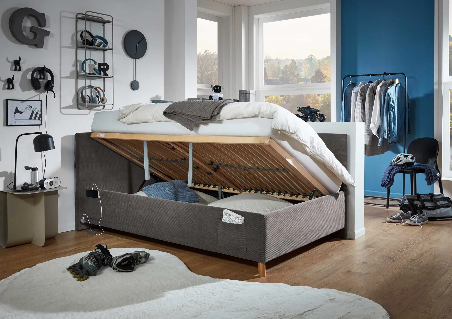 Kofferbett Cool | Mit Rückenlehne | 140 x 200 cm | Anthrazit Design