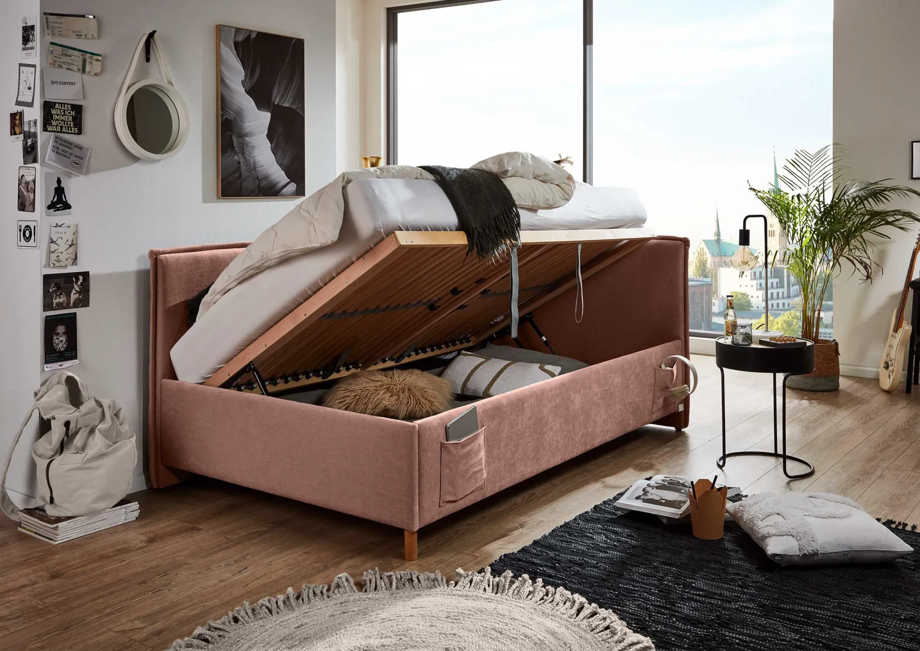 Kofferbett Ollie | Mit Rückenlehne | 120 x 200 cm | Rosa Design