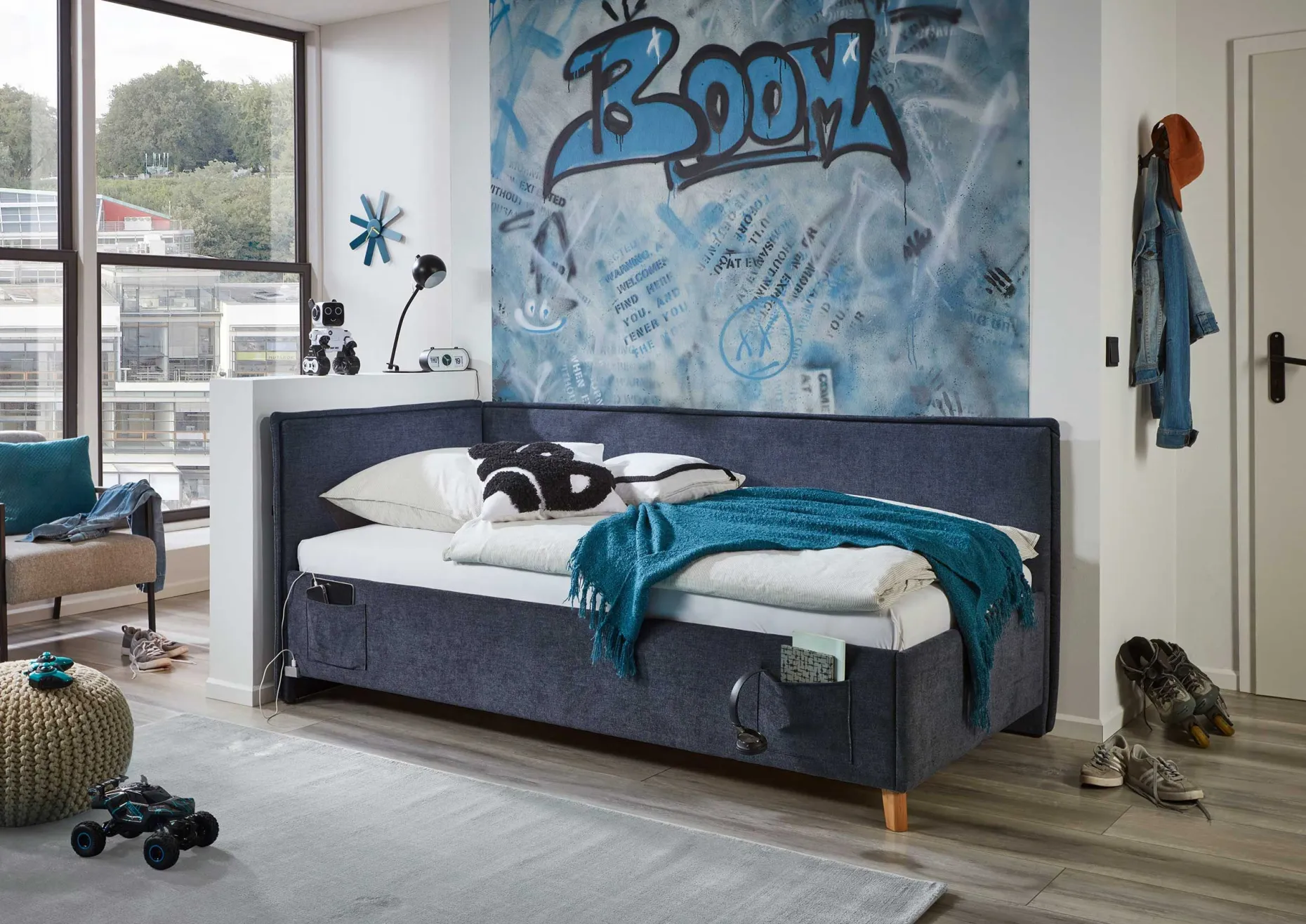 Kofferbett Ollie | Mit Rückenlehne | 120 x 200 cm | marineblaues Design