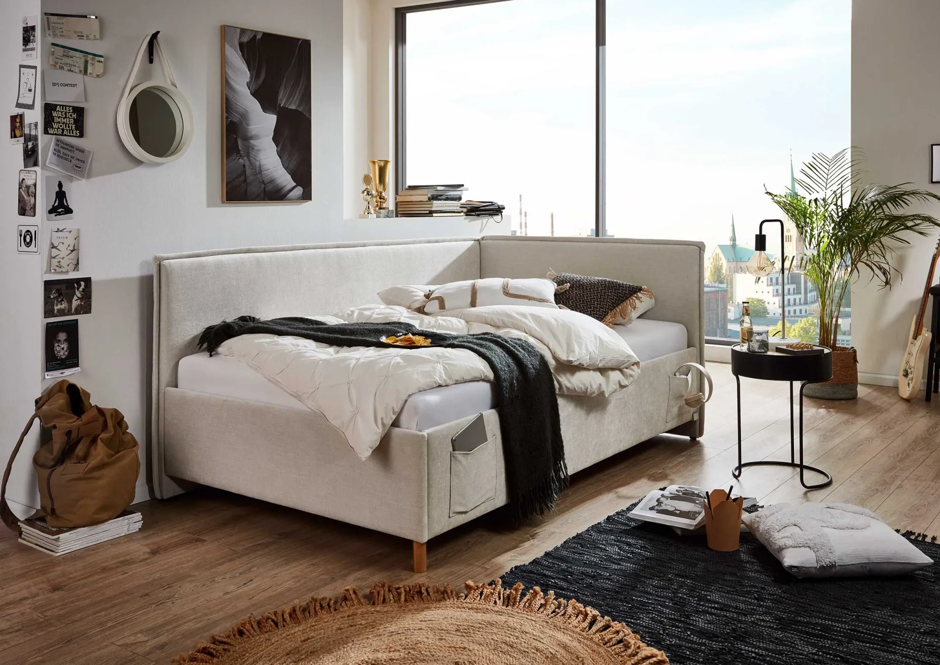 Kofferbett Ollie | Mit Rückenlehne | 90 x 200 cm | Beige Design