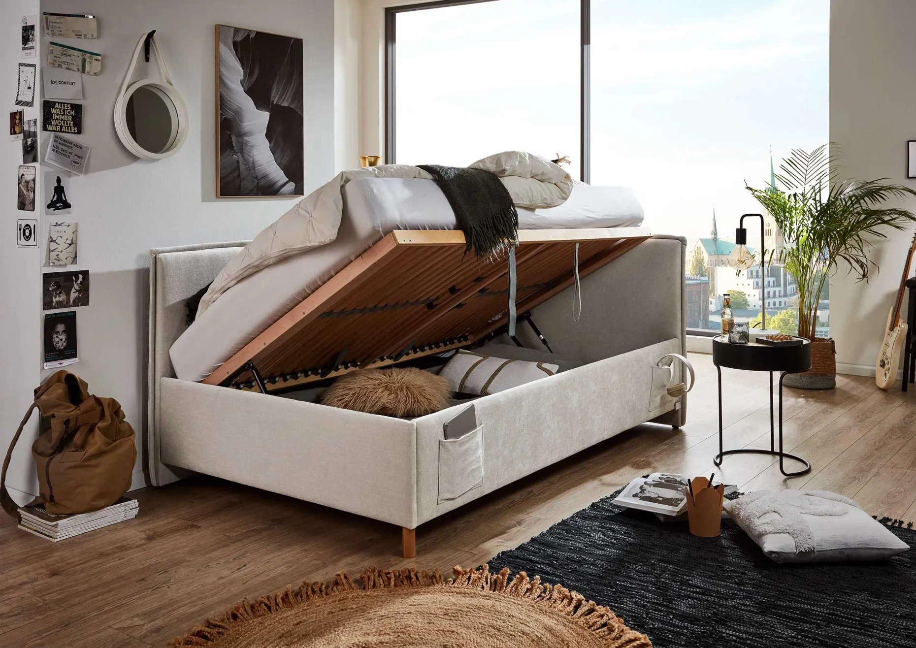 Kofferbett Ollie | Mit Rückenlehne | 90 x 200 cm | Beige Design