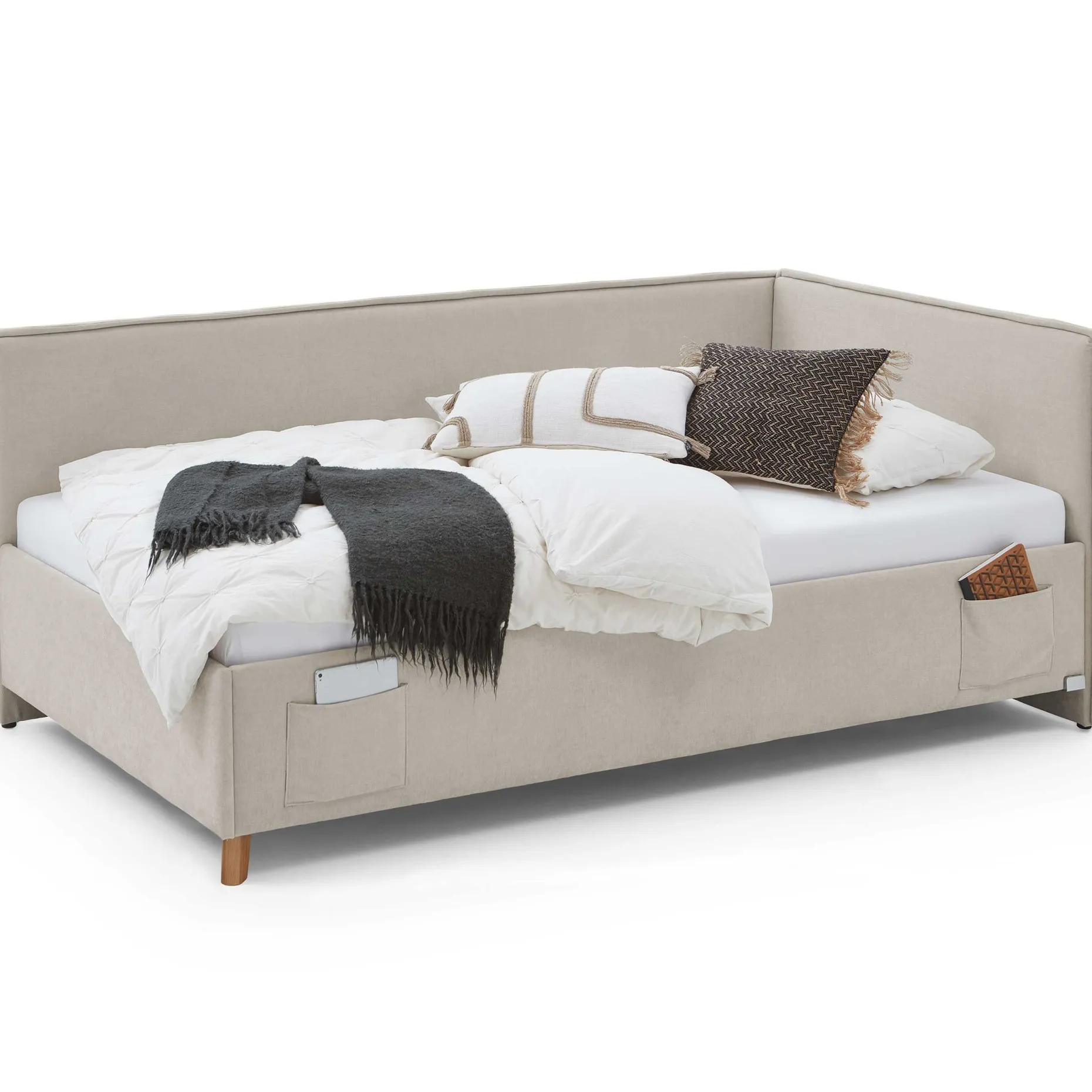 Kofferbett Ollie | Mit Rückenlehne | 90 x 200 cm | Beige Design
