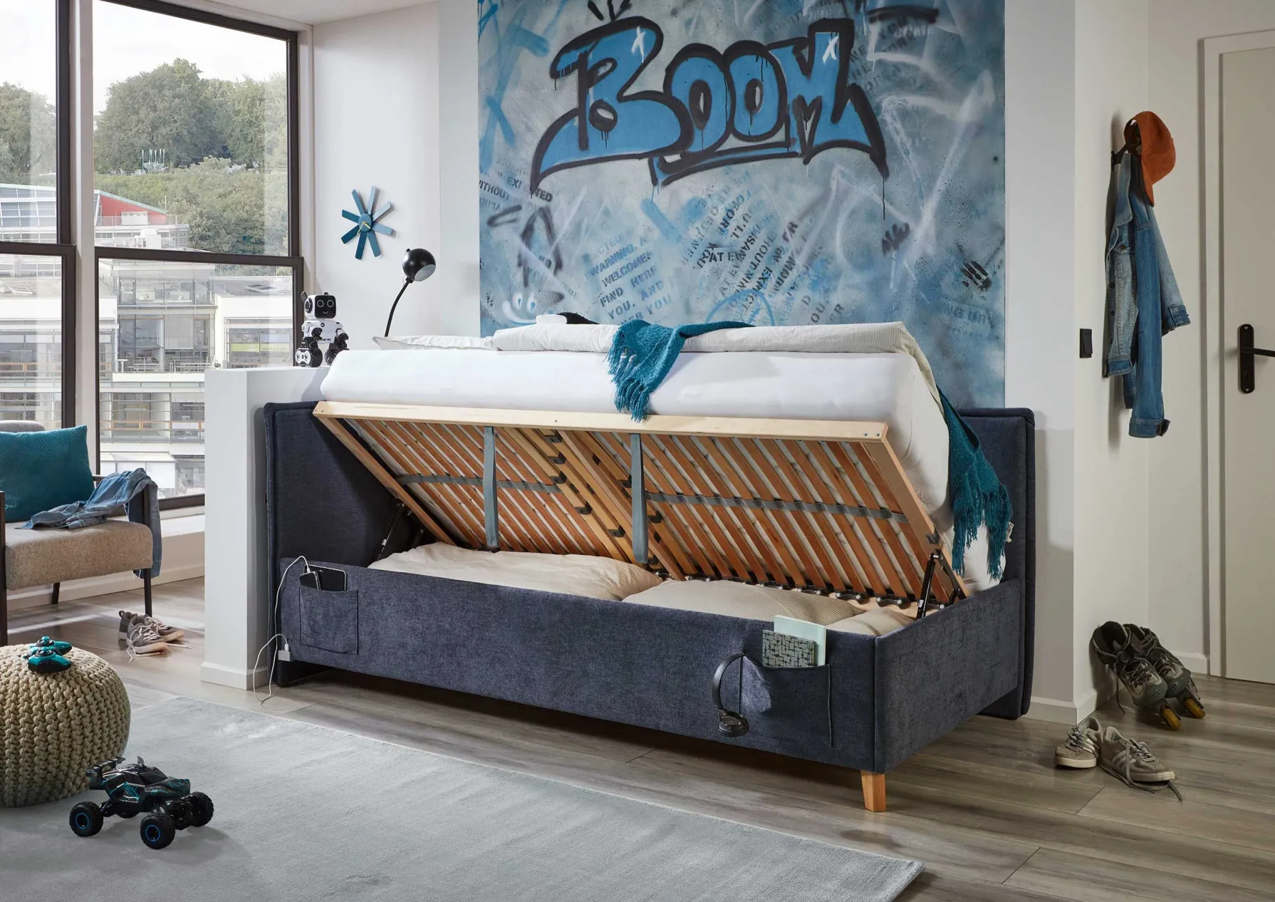 Kofferbett Ollie | Mit Rückenlehne | 90 x 200 cm | marineblaues Design