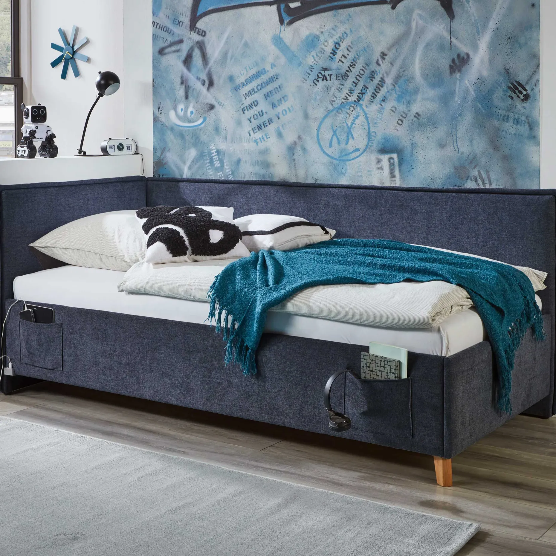 Kofferbett Ollie | Mit Rückenlehne | 90 x 200 cm | marineblaues Design