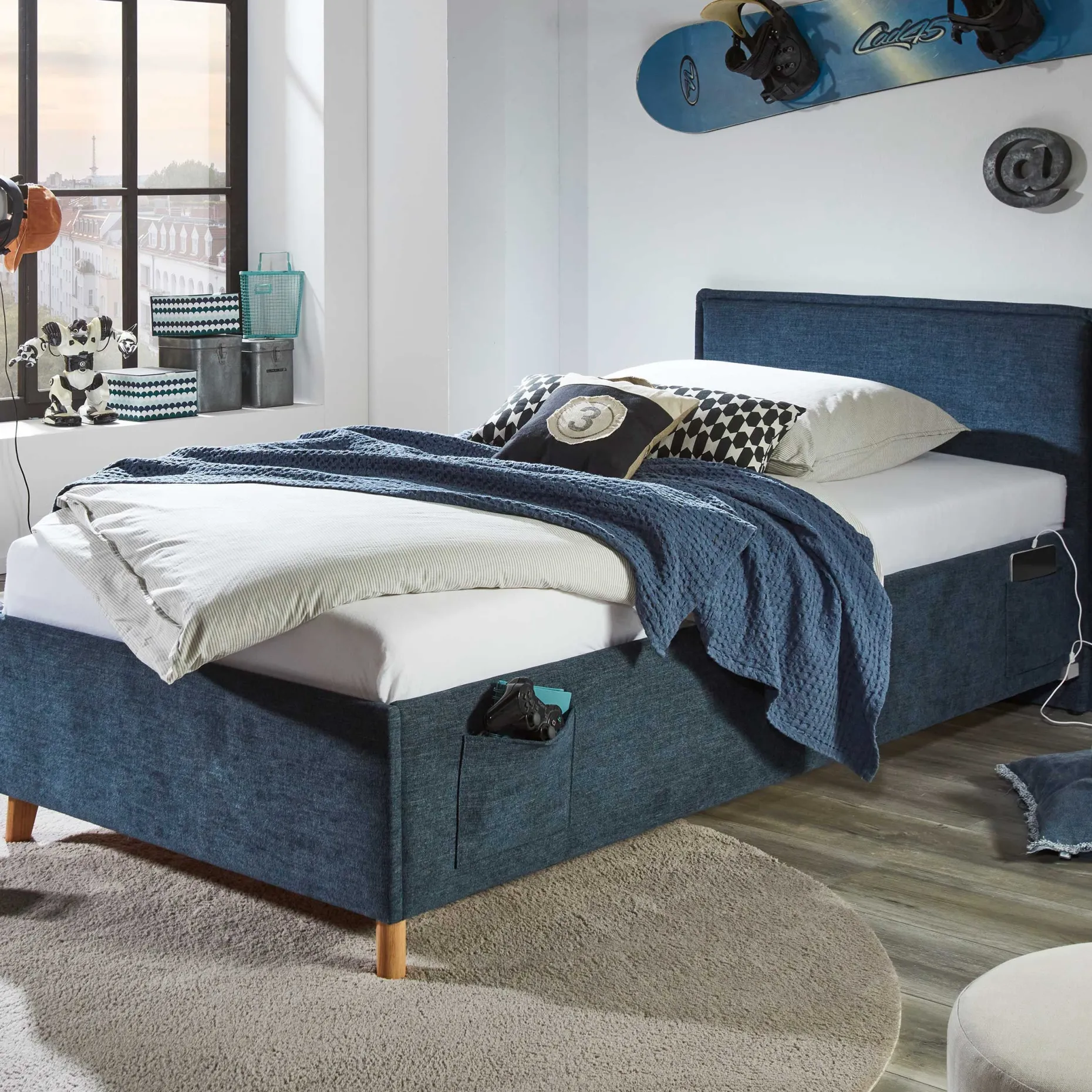 Kofferbett Ollie | 90 x 200 cm | Design Blau