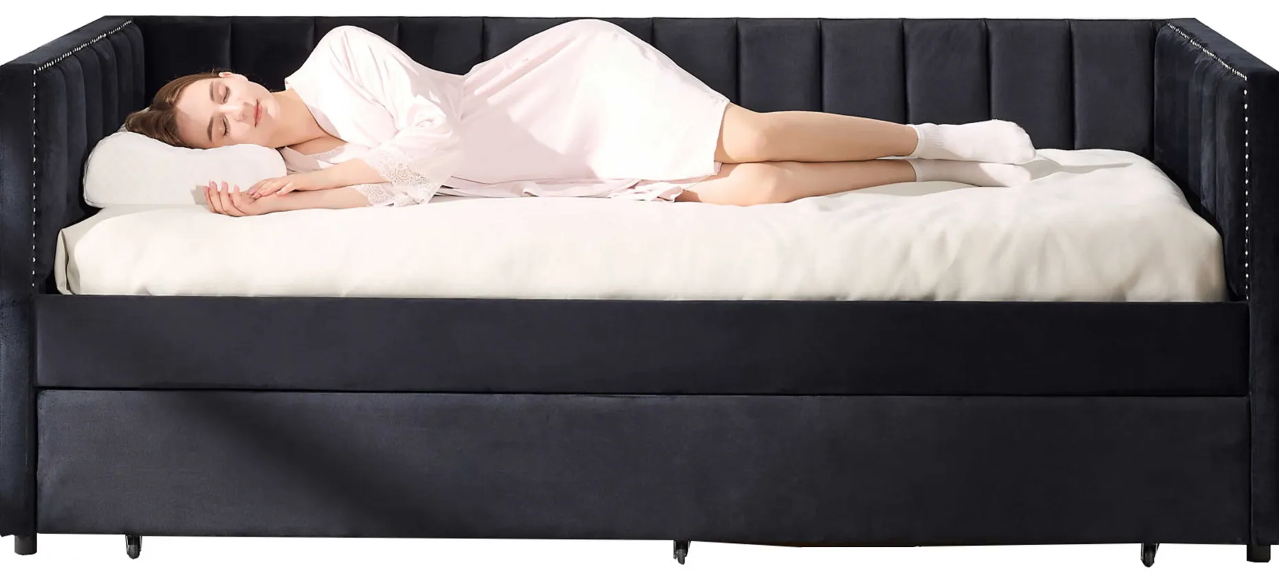Kojenbett Auckland - 90 x 200 cm - Mit Rollbett - Schwarzer Velours