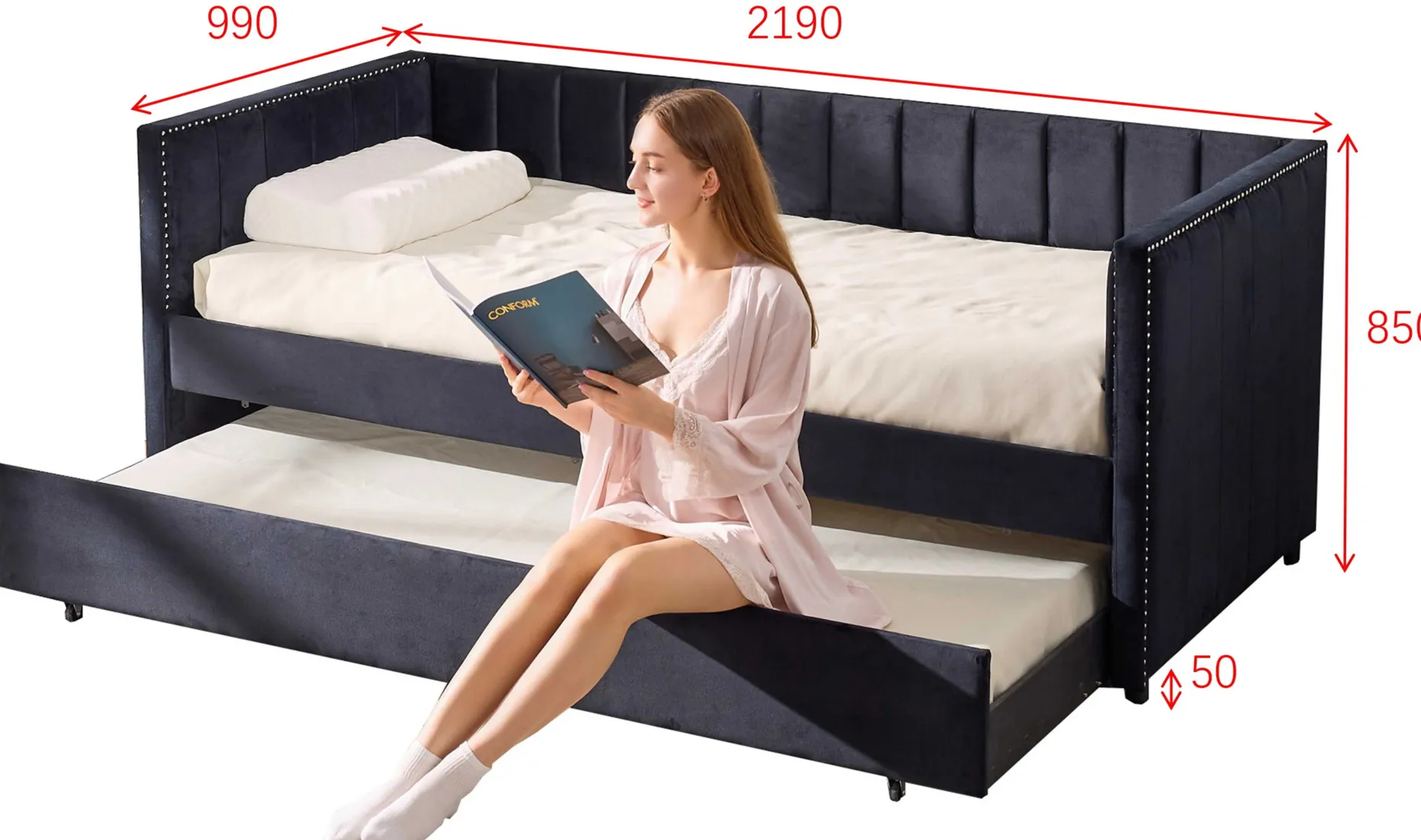 Kojenbett Auckland - 90 x 200 cm - Mit Rollbett - Schwarzer Velours