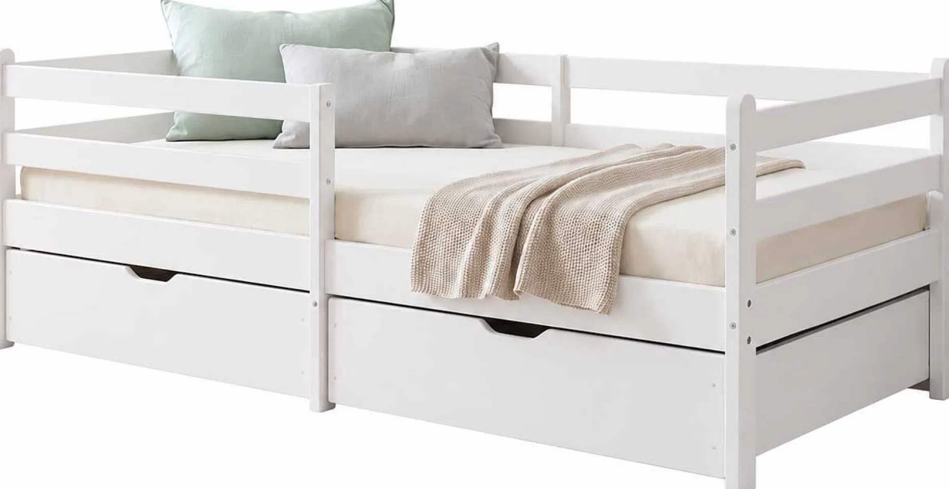 Kojenbett Nest - 90x200cm - mit zwei Schubladen - massivem Kiefernholz - weiß