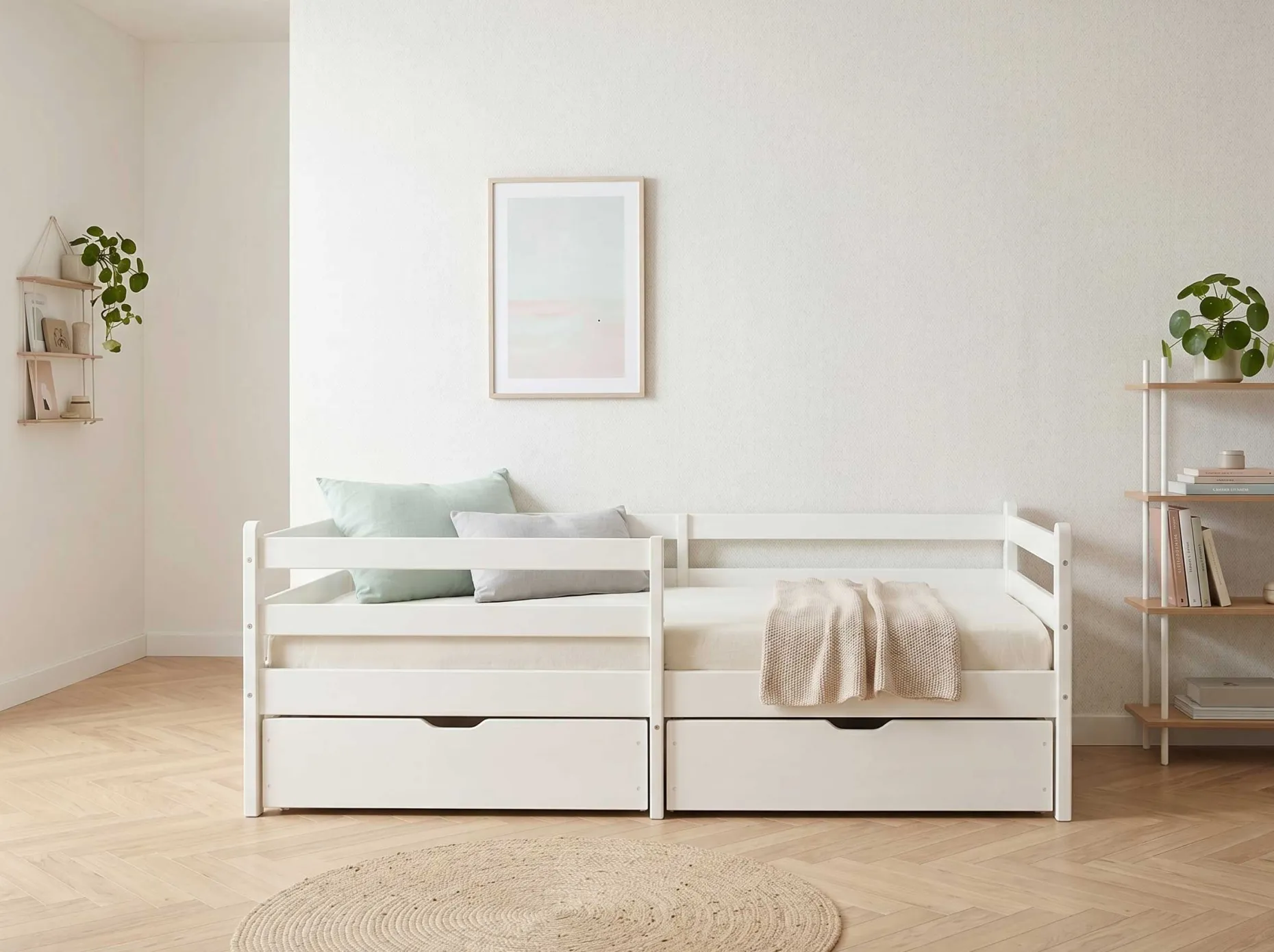 Kojenbett Nest - 90x200cm - mit zwei Schubladen - massivem Kiefernholz - weiß