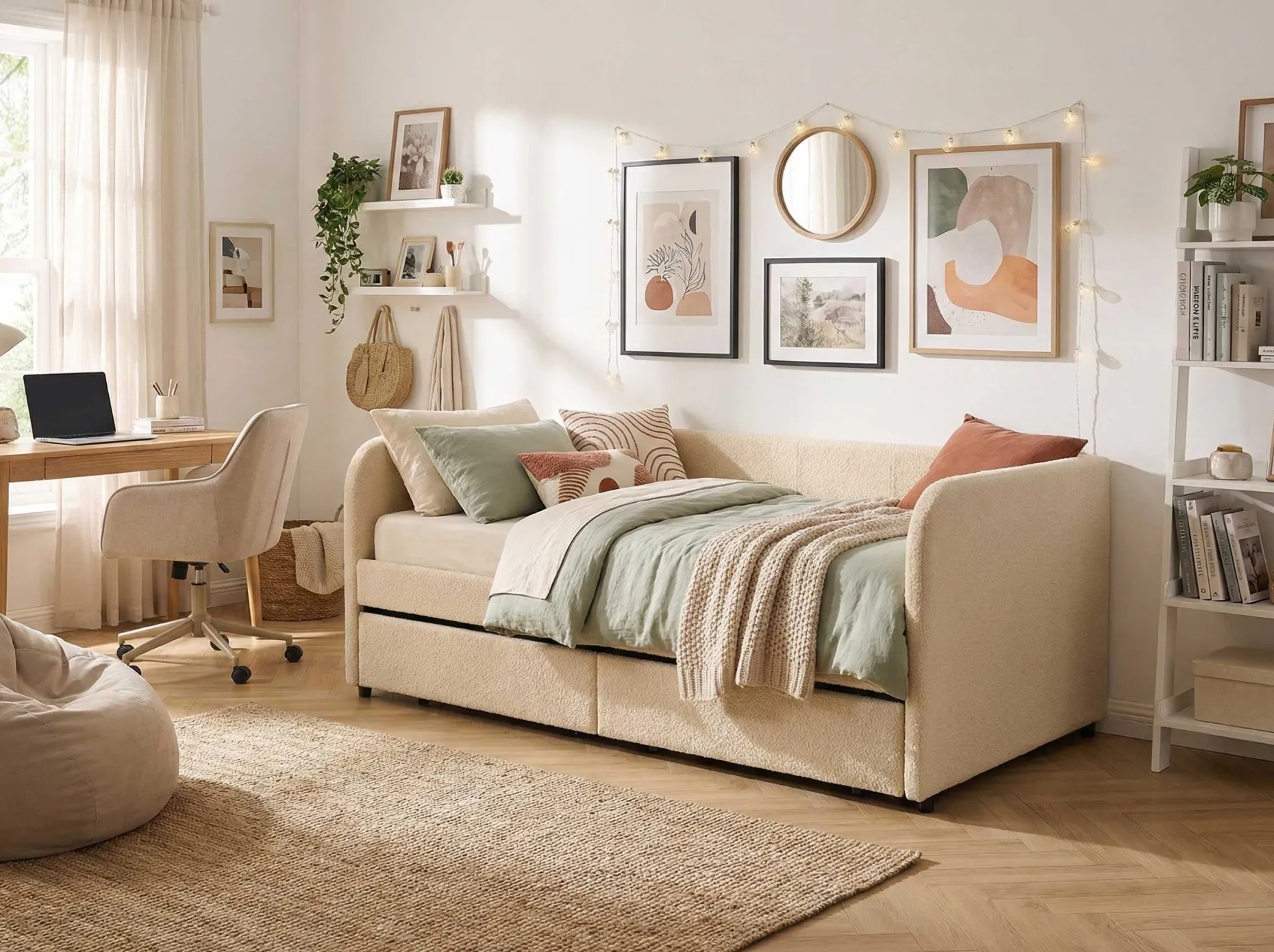 Kojenbett Spector - 90 x 200 cm - Mit Schubladen - Beiger Teddystoff