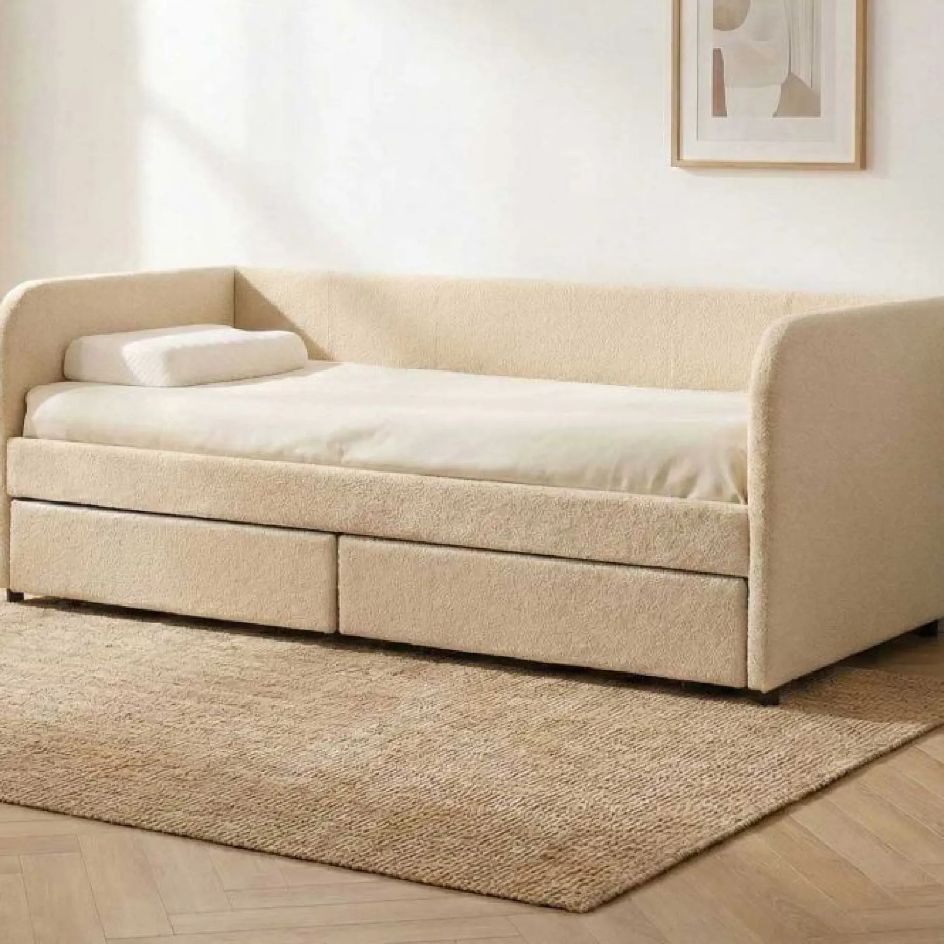 Kojenbett Spector - 90 x 200 cm - Mit Schubladen - Beiger Teddystoff