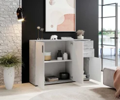 Kommode Debby 3 Türen und 2 Schubladen - Weiß/Beton