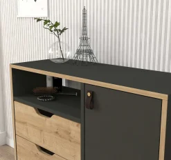 Kommode Dolores - 90x35x80cm - 2 Schubladen und 1 Tür - Eiche Dekor/anthrazit