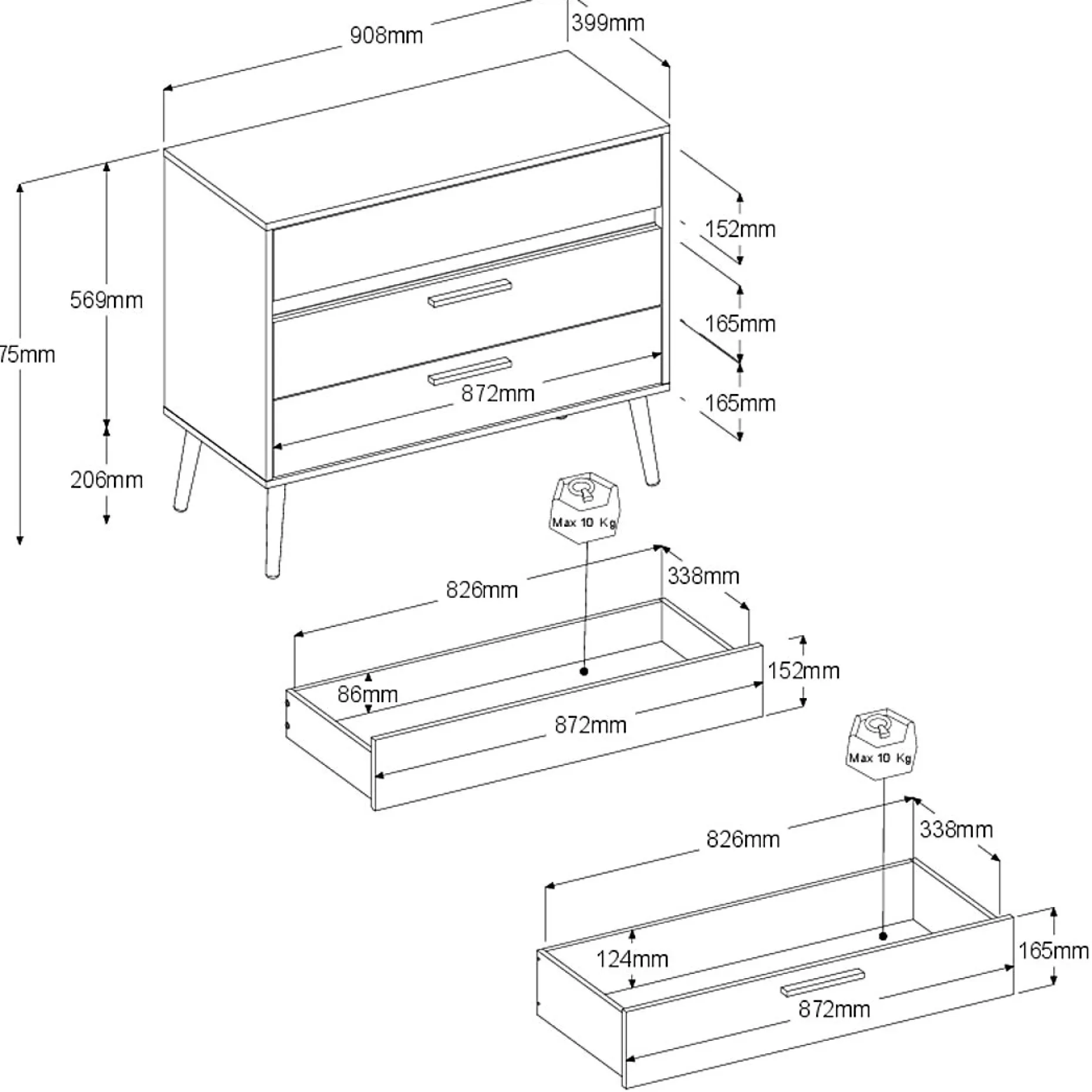 Kommode Hardy 91cm mit 3 Schubladen - Molke/Eiche