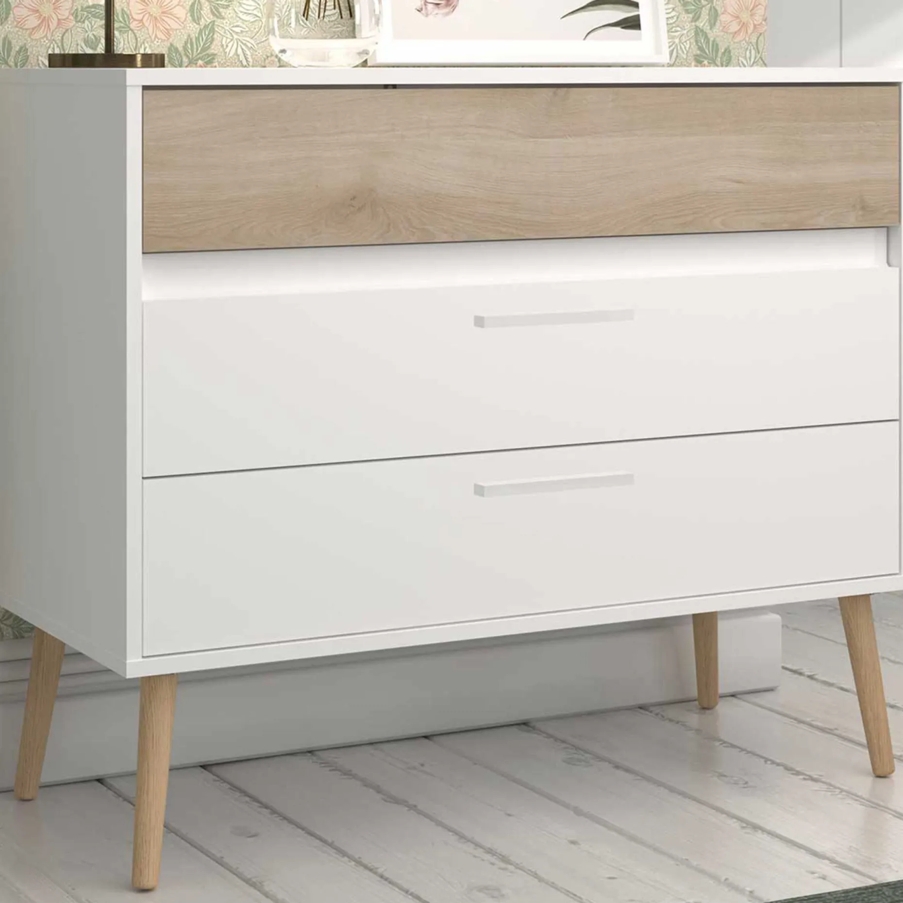 Kommode Hardy 91cm mit 3 Schubladen - Molke/Eiche