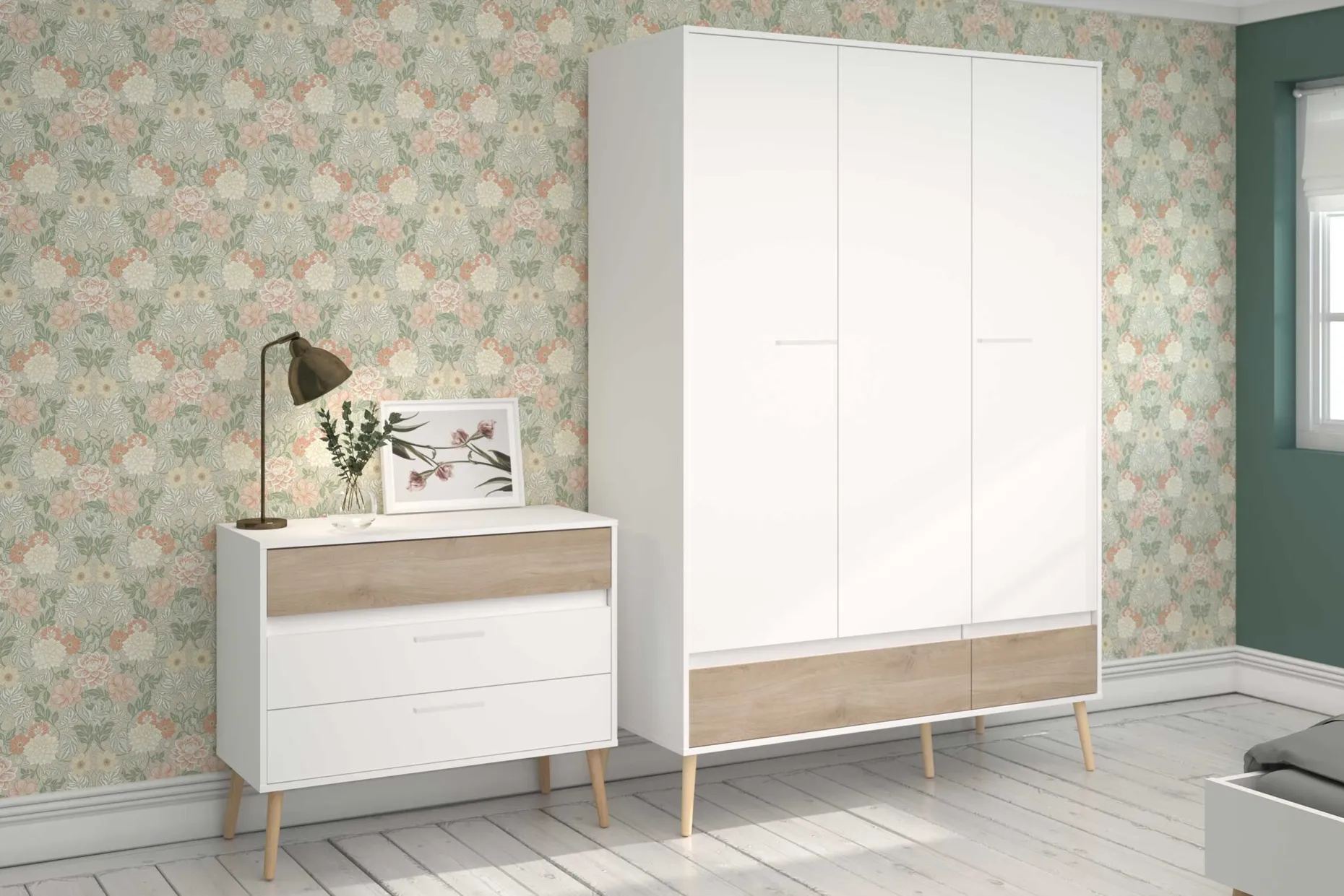 Kommode Hardy 91cm mit 3 Schubladen - Molke/Eiche