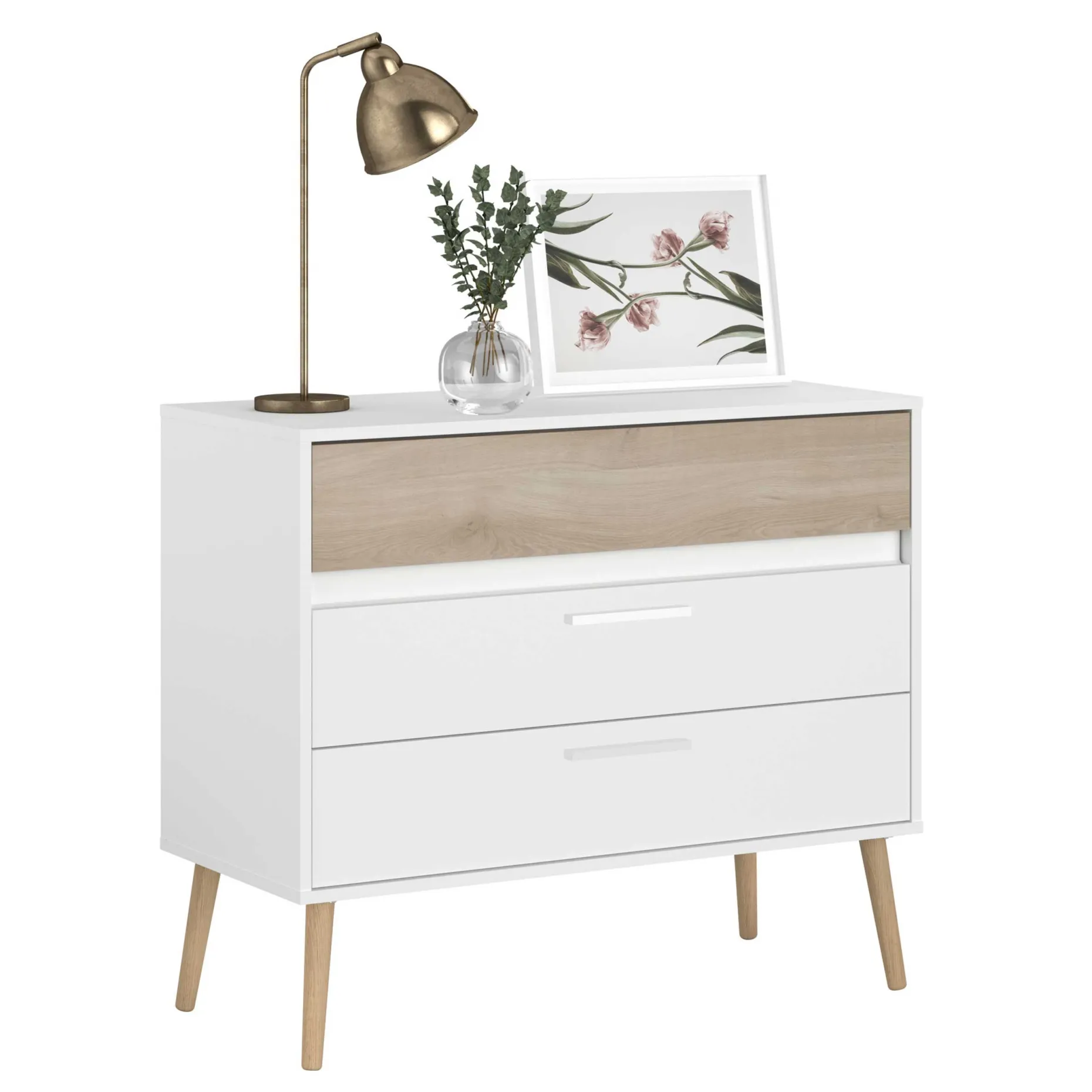 Kommode Hardy 91cm mit 3 Schubladen - Molke/Eiche