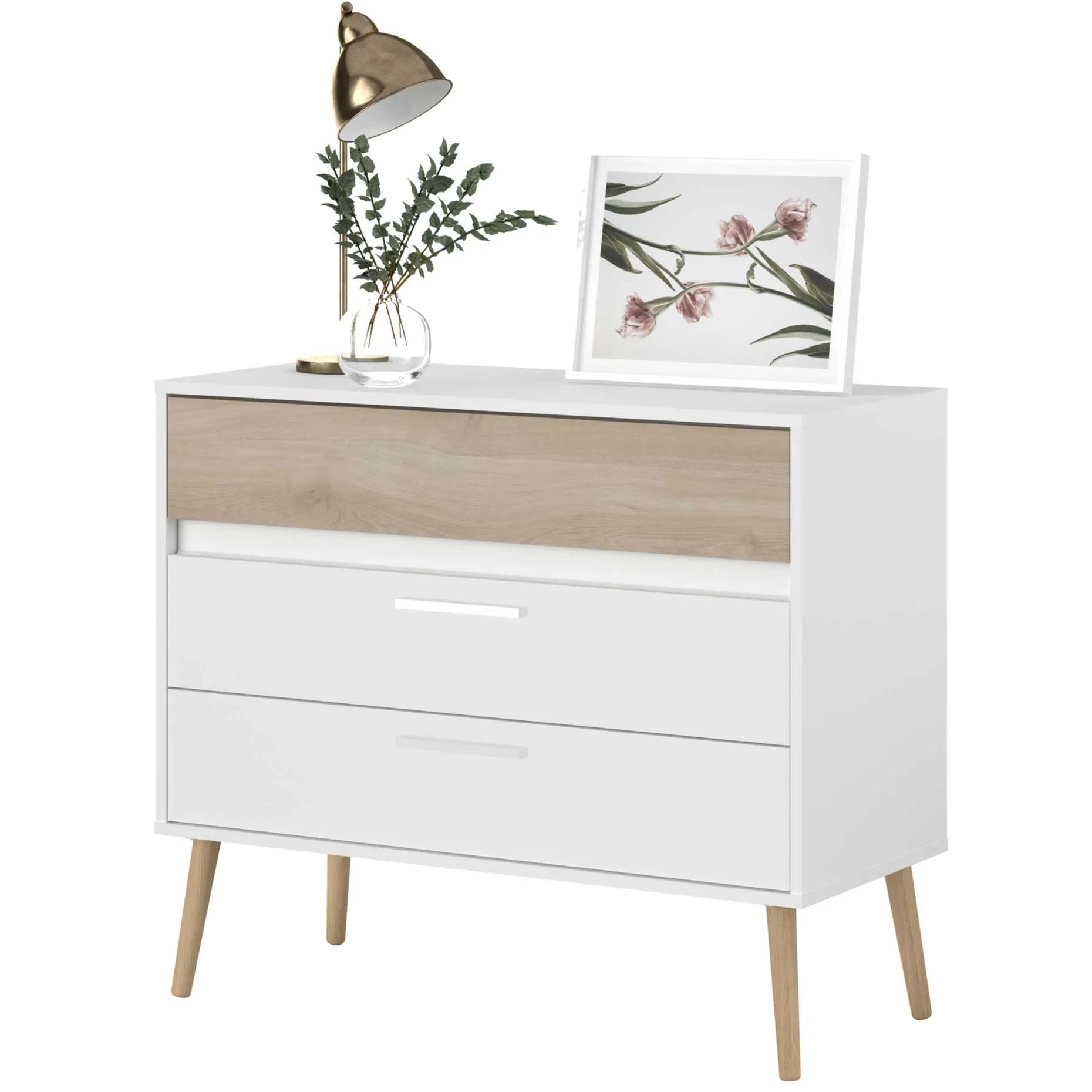 Kommode Hardy 91cm mit 3 Schubladen - Molke/Eiche